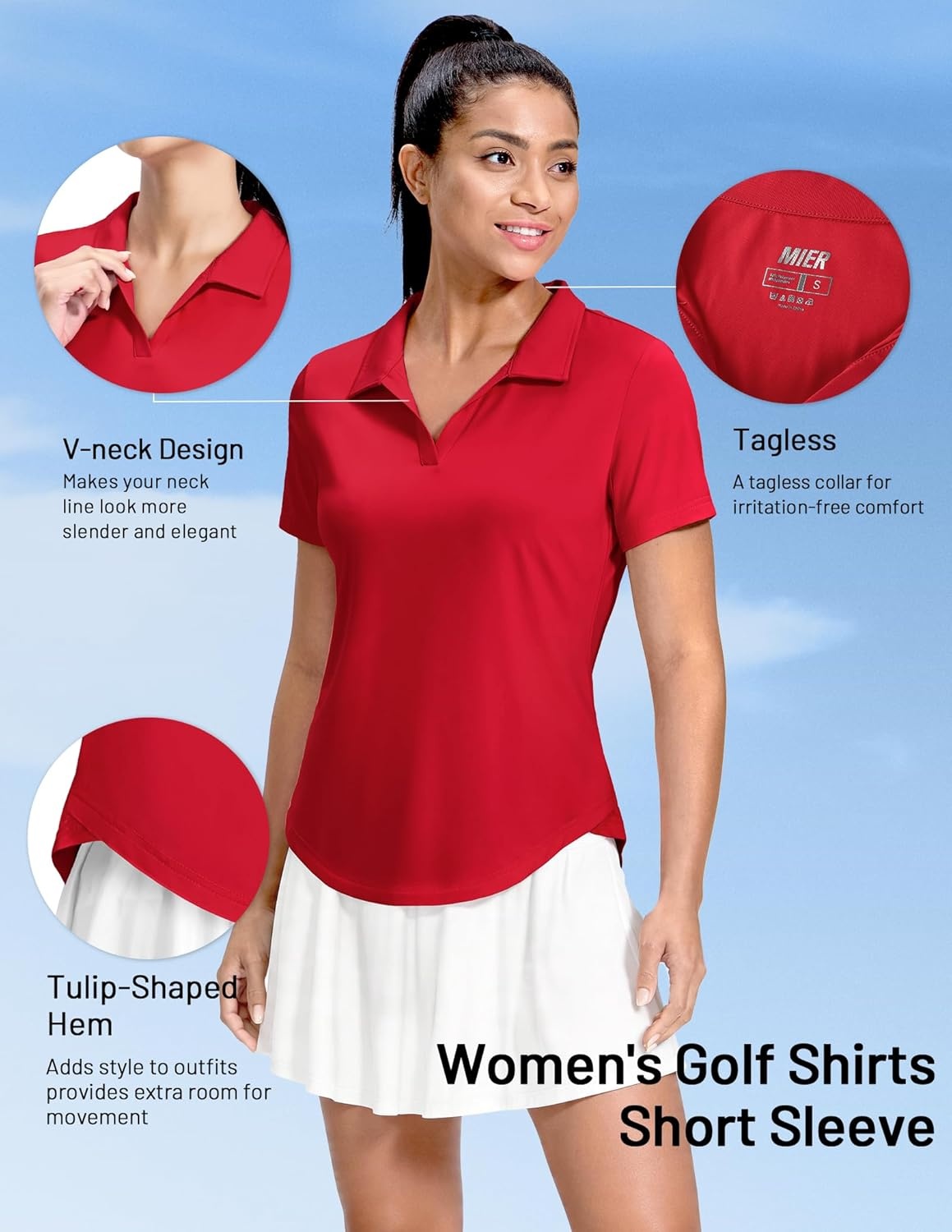 image:imageMIER Polo Shirts for Women V Neck Short Sleeve Golf Tennis Shirts Quick Dry Soft UPF 50 Collared Active Tops LightweightRed