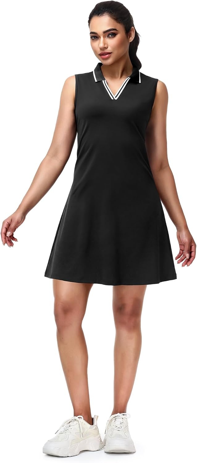 image:imageMIER Sleeveless Golf Dress for Women V Neck Ribbed Stretch Polo Dresses with Zipper Pocket for Tennis Active amp Casual WearBlack