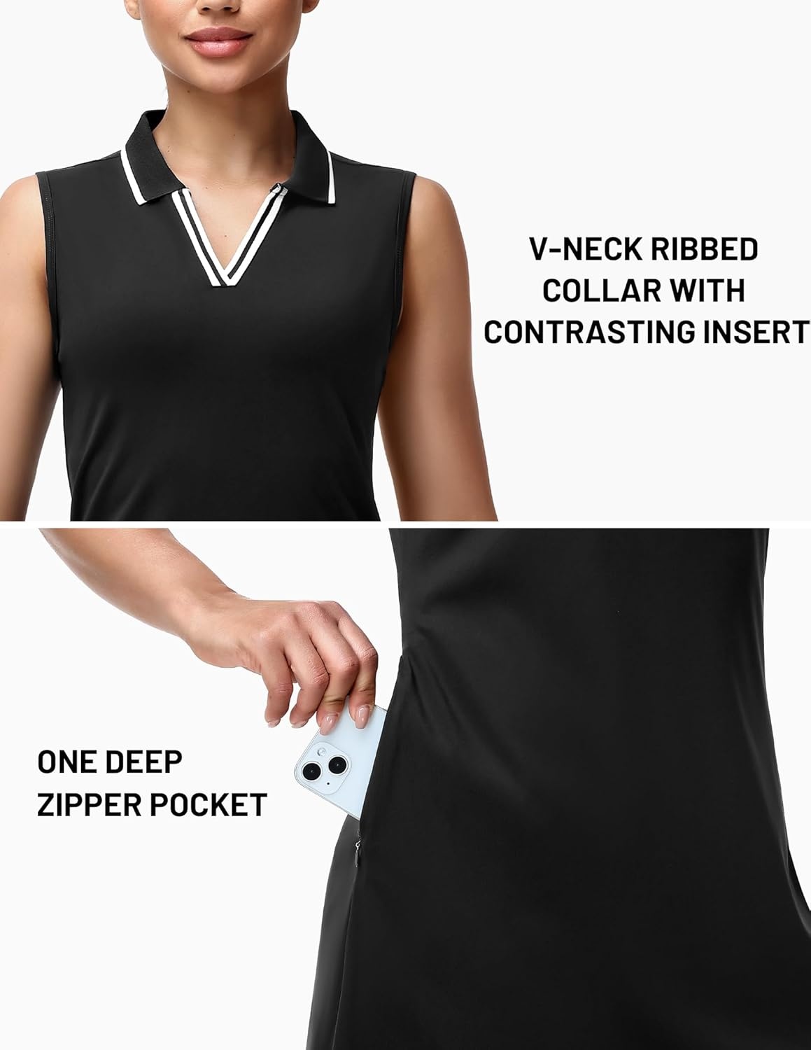 image:imageMIER Sleeveless Golf Dress for Women V Neck Ribbed Stretch Polo Dresses with Zipper Pocket for Tennis Active amp Casual WearBlack
