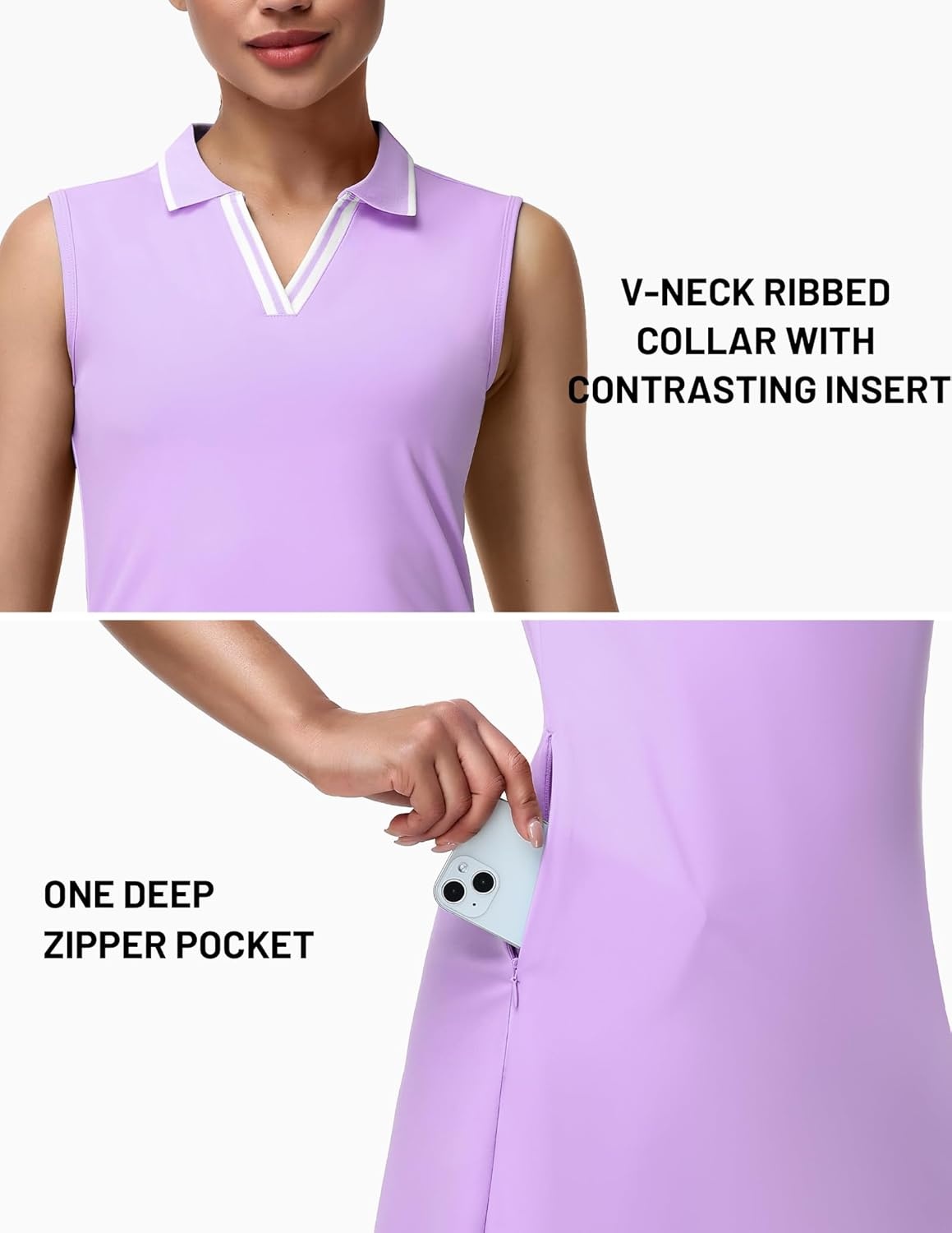 image:imageMIER Sleeveless Golf Dress for Women V Neck Ribbed Stretch Polo Dresses with Zipper Pocket for Tennis Active amp Casual WearLavender
