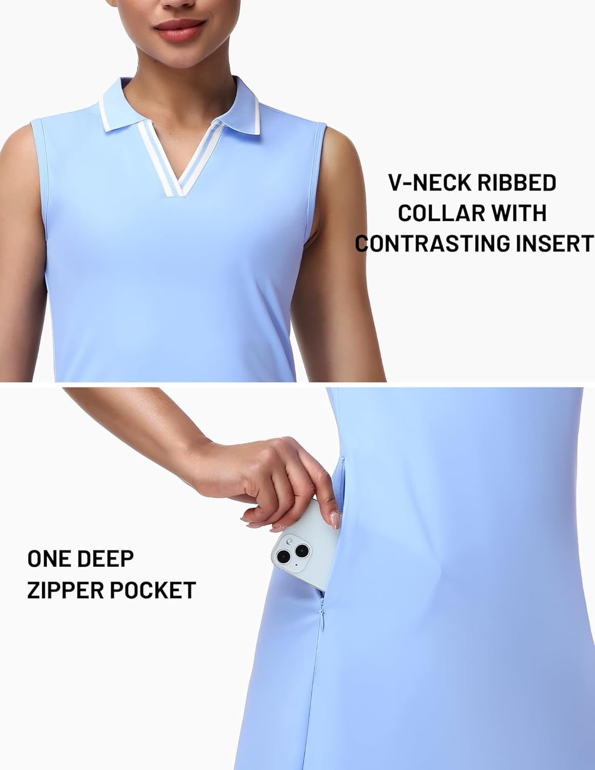 image:imageMIER Sleeveless Golf Dress for Women V Neck Ribbed Stretch Polo Dresses with Zipper Pocket for Tennis Active amp Casual WearLight Blue