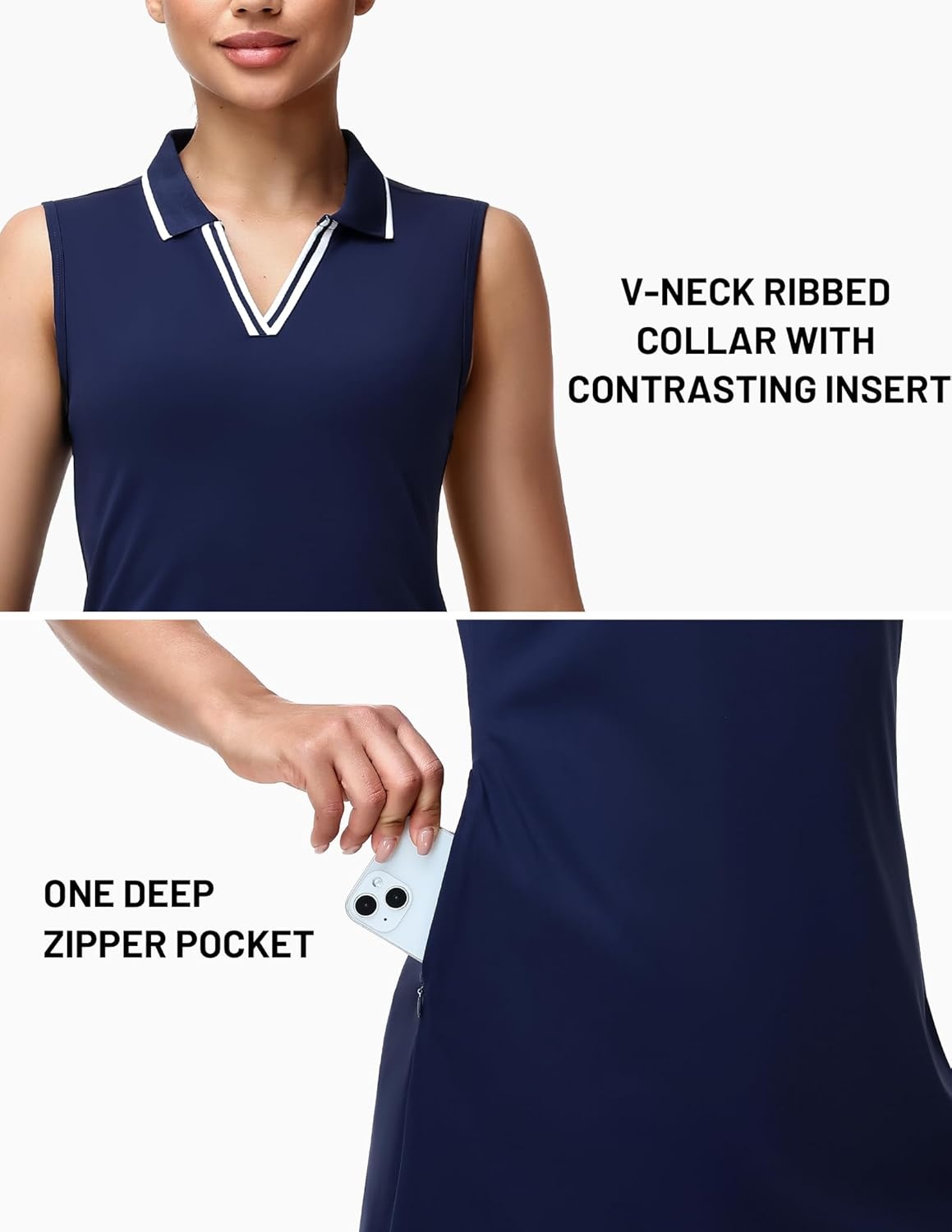 image:imageMIER Sleeveless Golf Dress for Women V Neck Ribbed Stretch Polo Dresses with Zipper Pocket for Tennis Active amp Casual WearNavy