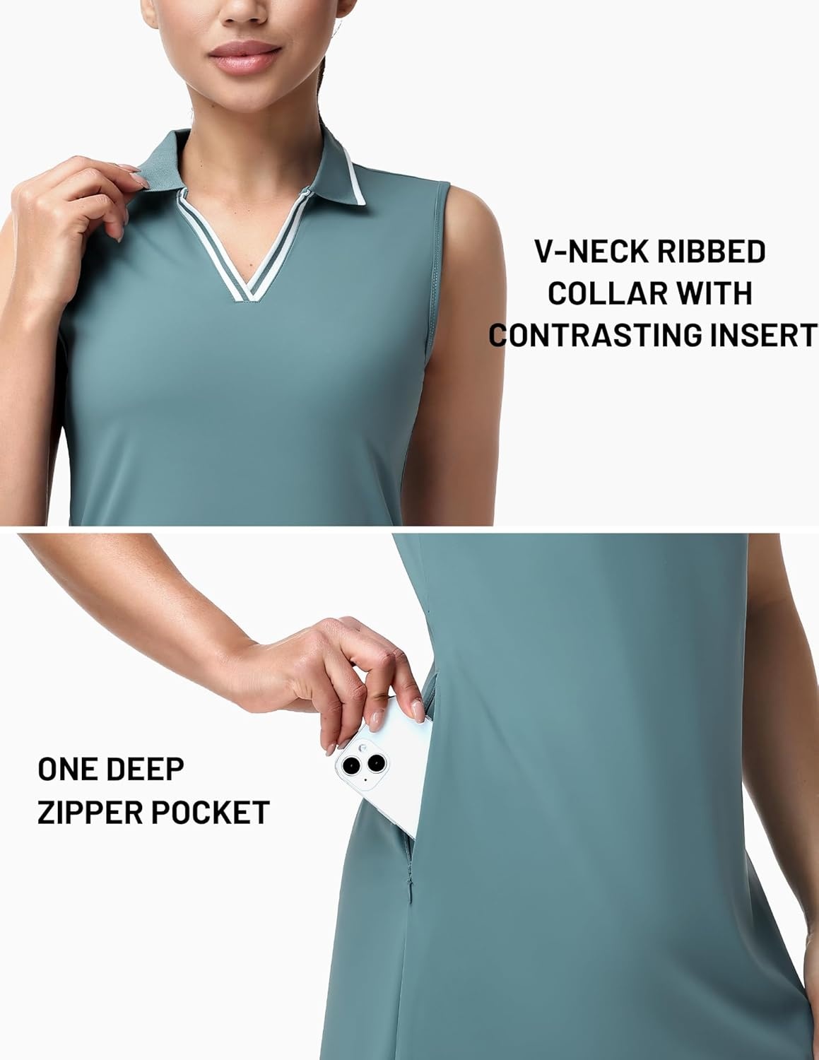 image:imageMIER Sleeveless Golf Dress for Women V Neck Ribbed Stretch Polo Dresses with Zipper Pocket for Tennis Active amp Casual WearTeal Green