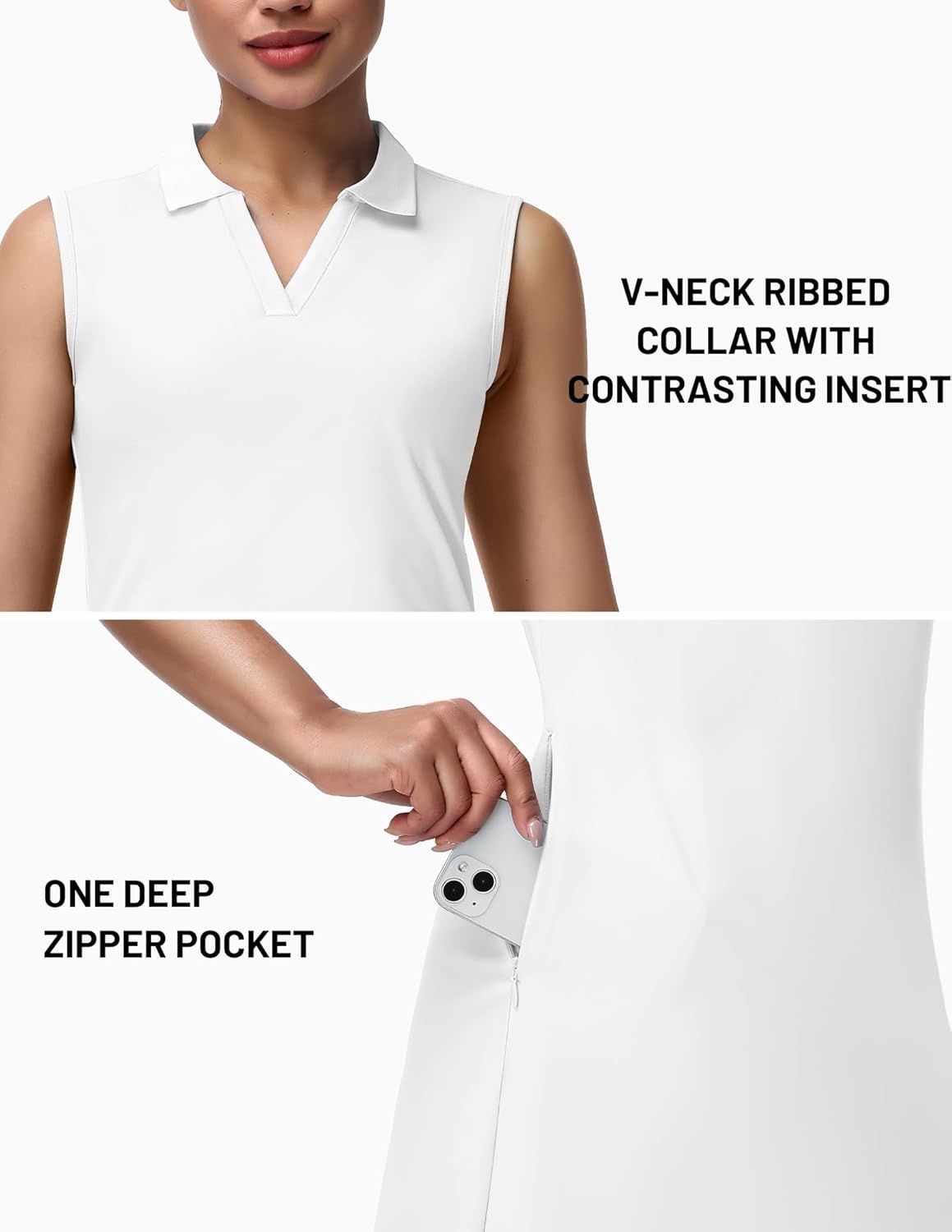 image:imageMIER Sleeveless Golf Dress for Women V Neck Ribbed Stretch Polo Dresses with Zipper Pocket for Tennis Active amp Casual WearWhite