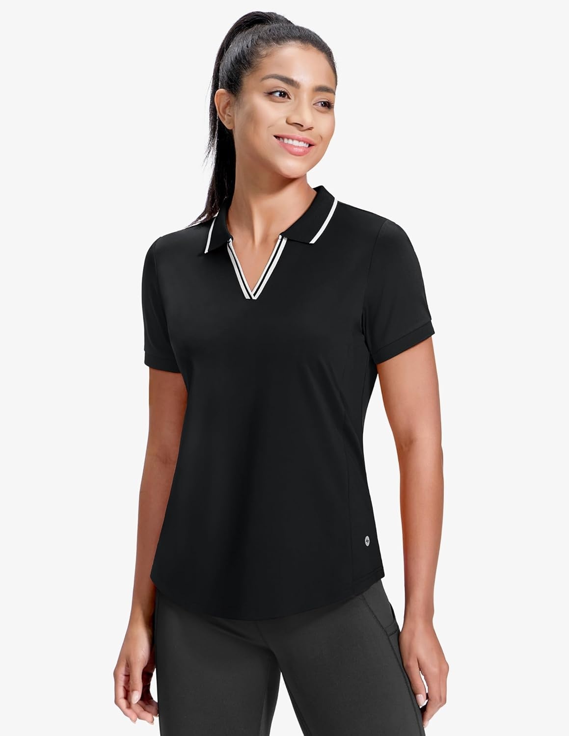 image:imageMIER VNeck Polo Shirts for Women Short Sleeve UPF 50 Sun Protection Golf Tennis Active Stretch Collared Shirt Tops Dry FitBlackWhite