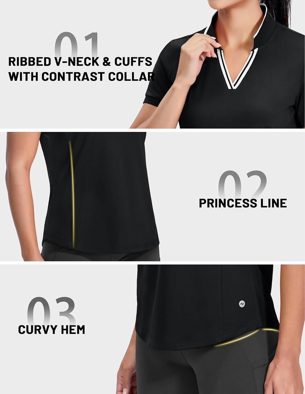 image:imageMIER VNeck Polo Shirts for Women Short Sleeve UPF 50 Sun Protection Golf Tennis Active Stretch Collared Shirt Tops Dry FitBlackWhite