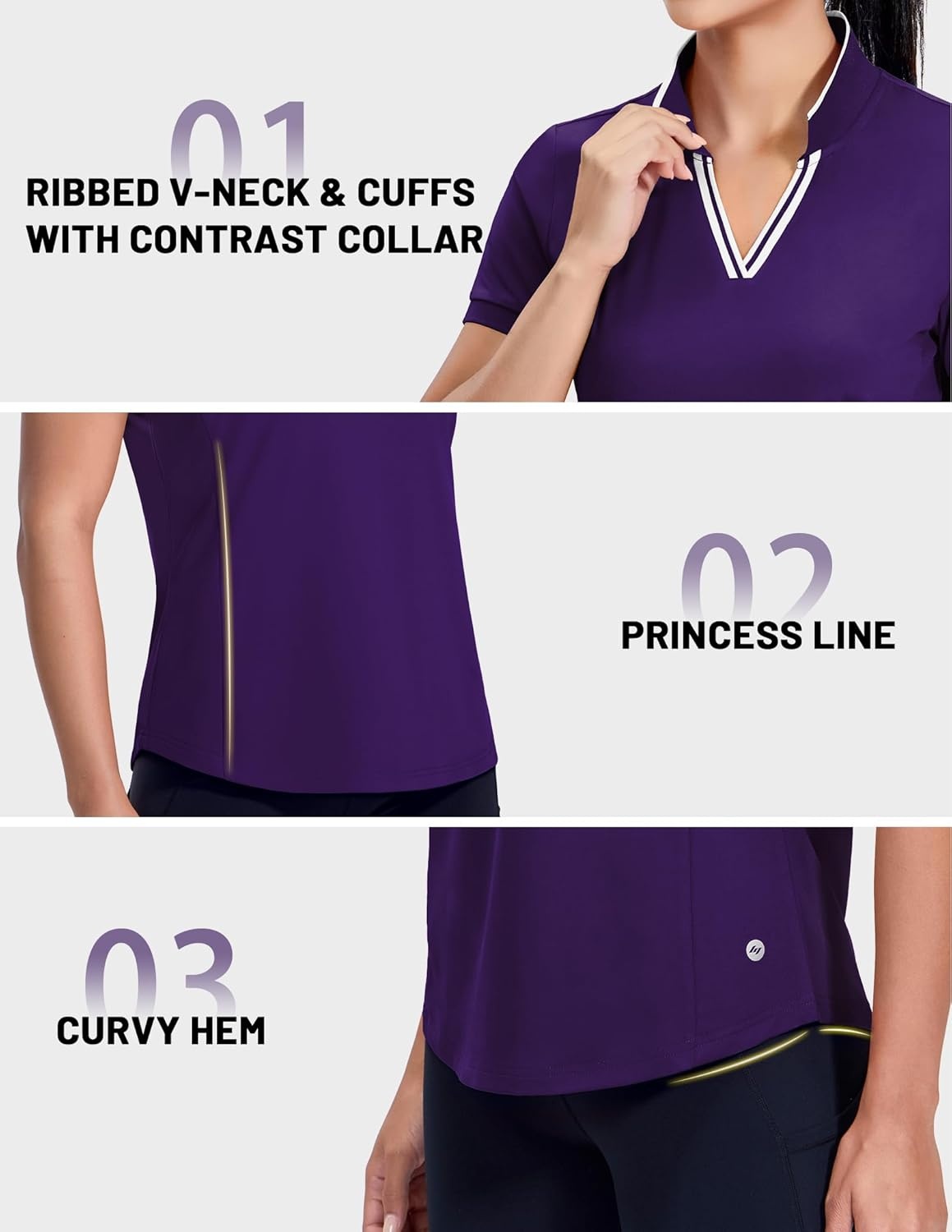 image:imageMIER VNeck Polo Shirts for Women Short Sleeve UPF 50 Sun Protection Golf Tennis Active Stretch Collared Shirt Tops Dry FitPurpleWhite