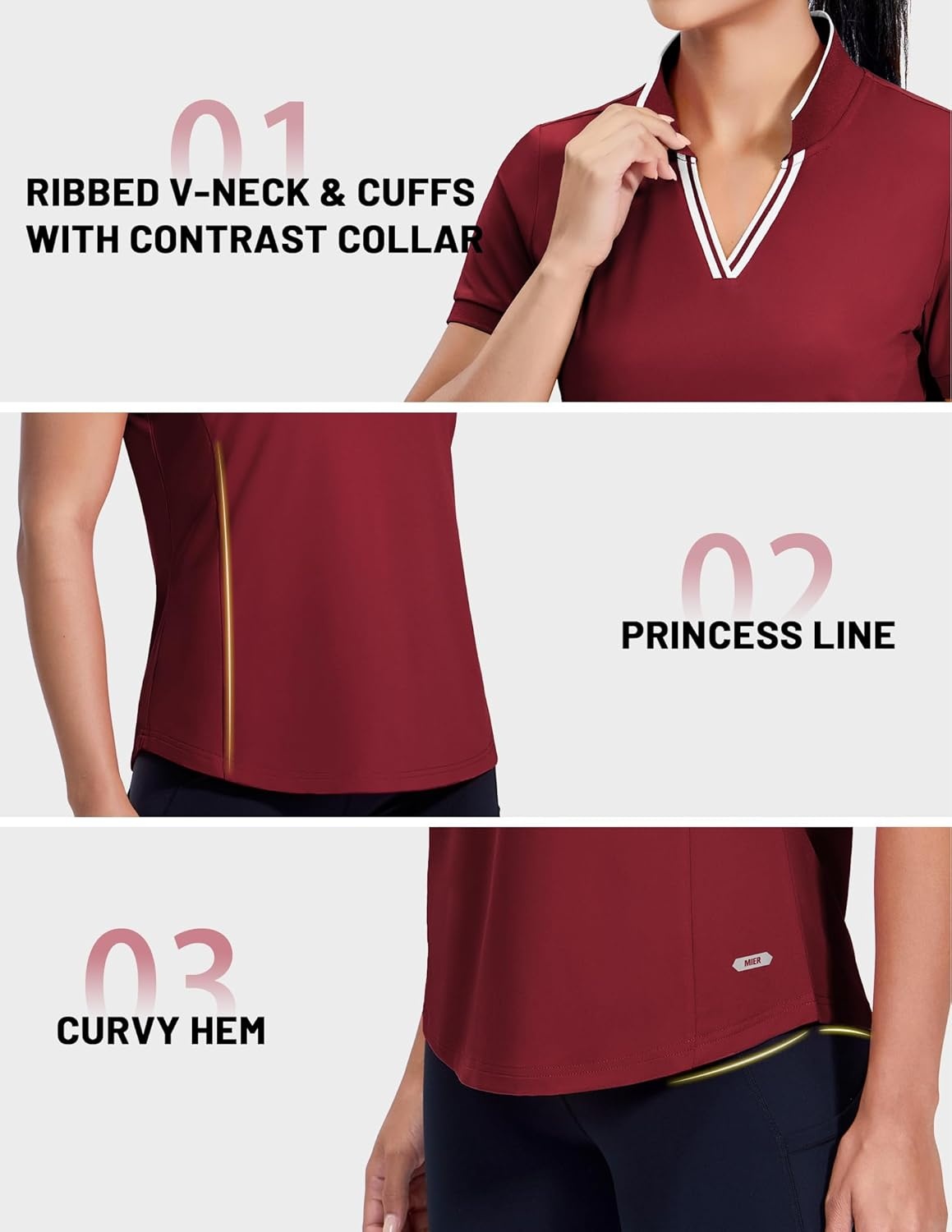 image:imageMIER VNeck Polo Shirts for Women Short Sleeve UPF 50 Sun Protection Golf Tennis Active Stretch Collared Shirt Tops Dry FitWineWhite