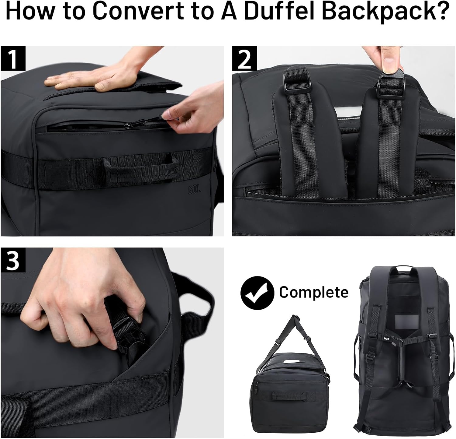 image:imageMIER Water Resistant Backpack Duffle Heavy Duty Convertible Duffle Bag with Backpack Straps for Gym Sports TravelBlack