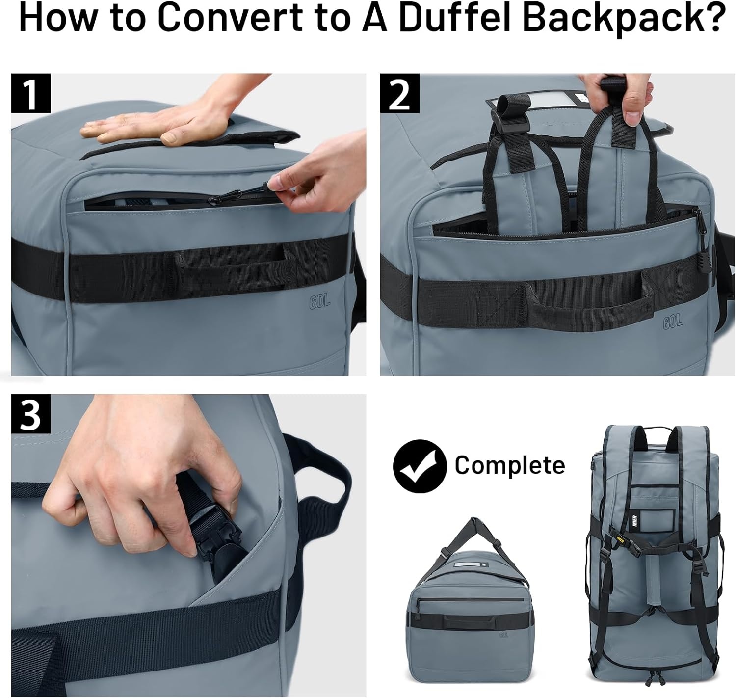 image:imageMIER Water Resistant Backpack Duffle Heavy Duty Convertible Duffle Bag with Backpack Straps for Gym Sports TravelGray