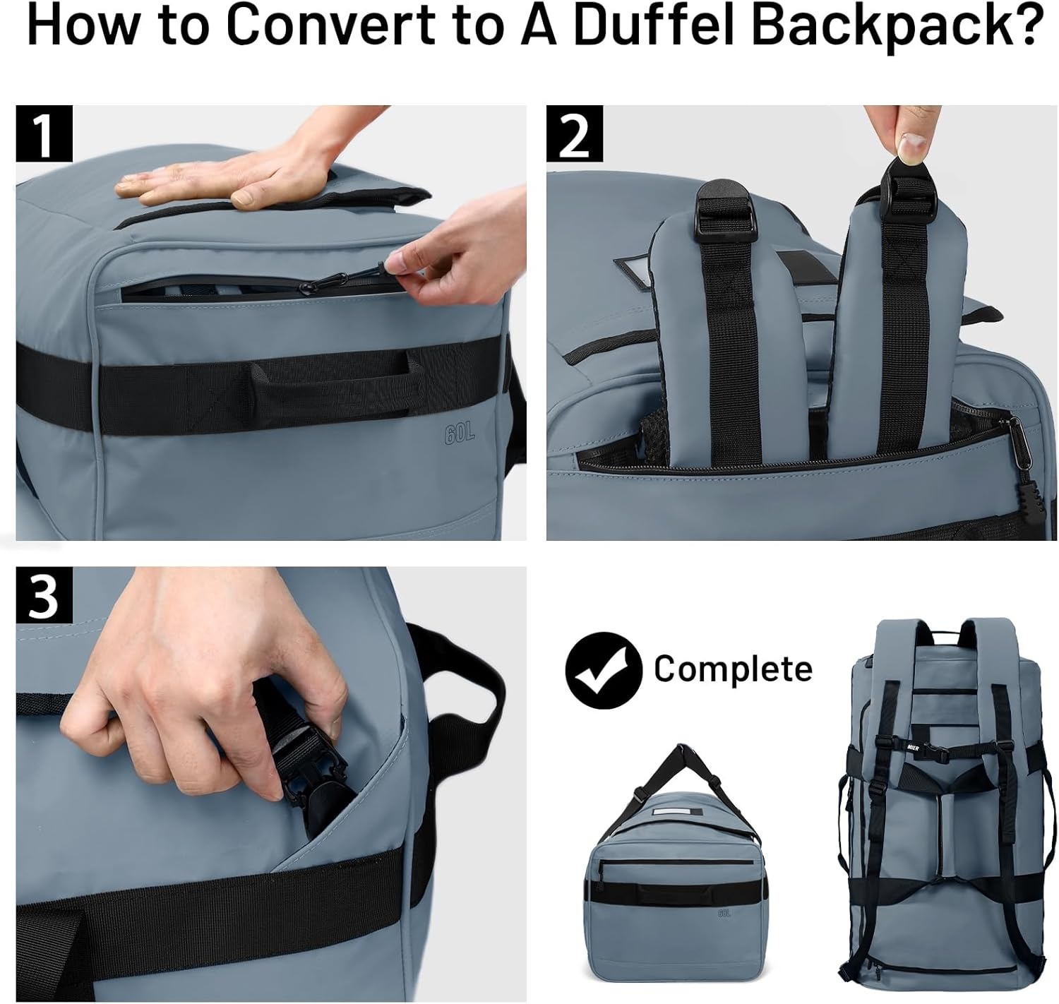 image:imageMIER Water Resistant Backpack Duffle Heavy Duty Convertible Duffle Bag with Backpack Straps for Gym Sports TravelGray