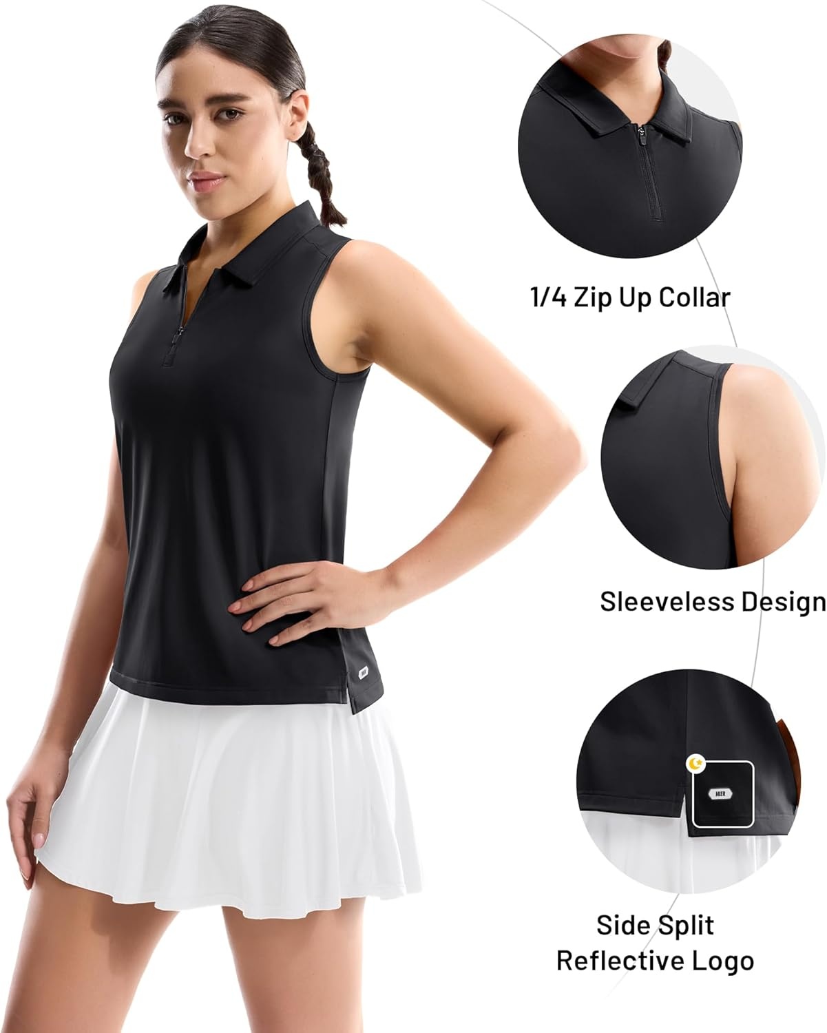image:imageMIER Womens Sleeveless Golf Shirts Quarter Zip UPF 50 Collared Polo Tank Tops Quick Dry Zip Up Tennis Sports Active TeeBlack