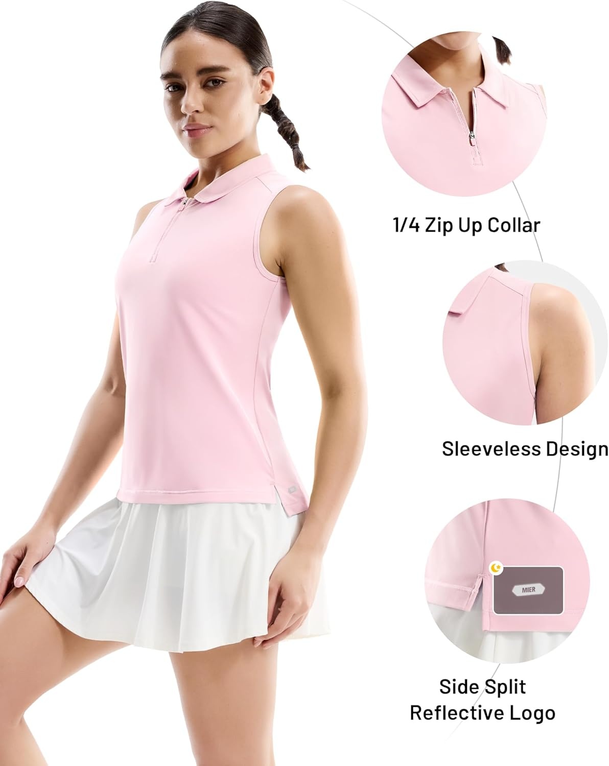 image:imageMIER Womens Sleeveless Golf Shirts Quarter Zip UPF 50 Collared Polo Tank Tops Quick Dry Zip Up Tennis Sports Active TeeLight Pink