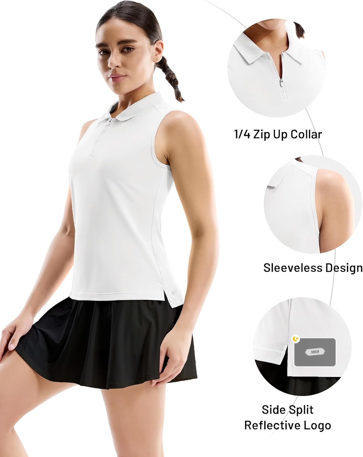 image:imageMIER Womens Sleeveless Golf Shirts Quarter Zip UPF 50 Collared Polo Tank Tops Quick Dry Zip Up Tennis Sports Active TeeWhite