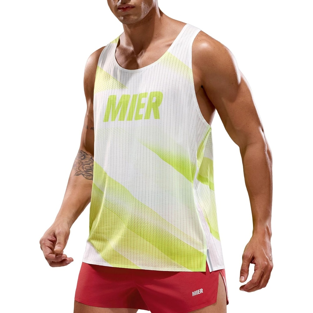 image:imageMIER Limitless Running Tank Tops Mens Quick Dry Seamless Marathon Racing Singlets Ultra LightweightLime Stripe