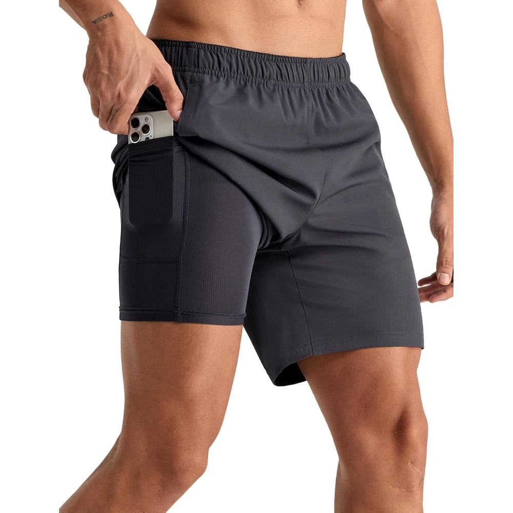 image:imageMIER Mens 2 in 1 Running Shorts 7 Workout Gym Athletic Shorts for Men Quick Dry Lightweight with Pockets for TrainingDark Grey