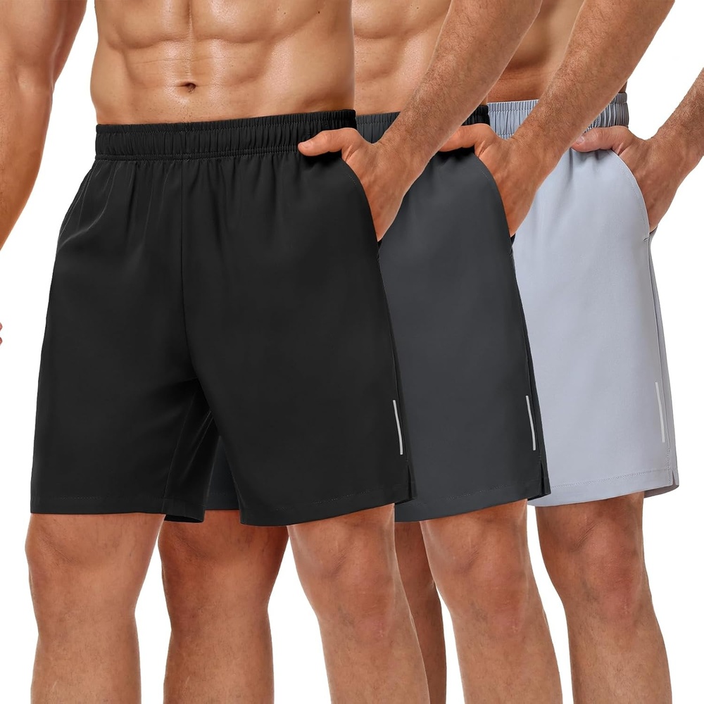 image:imageMIER Mens 3 Pack Athletic Running Shorts 7 Inch Quick Dry Lightweight Gym Workout Training Shorts with Pockets No LinerBlackDark GreyLight Grey