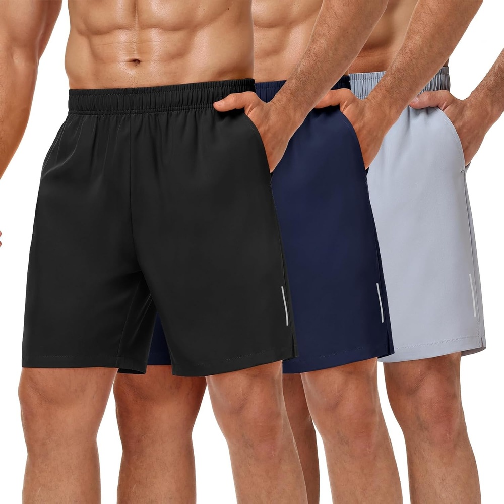image:imageMIER Mens 3 Pack Athletic Running Shorts 7 Inch Quick Dry Lightweight Gym Workout Training Shorts with Pockets No LinerBlackNavyLight Grey