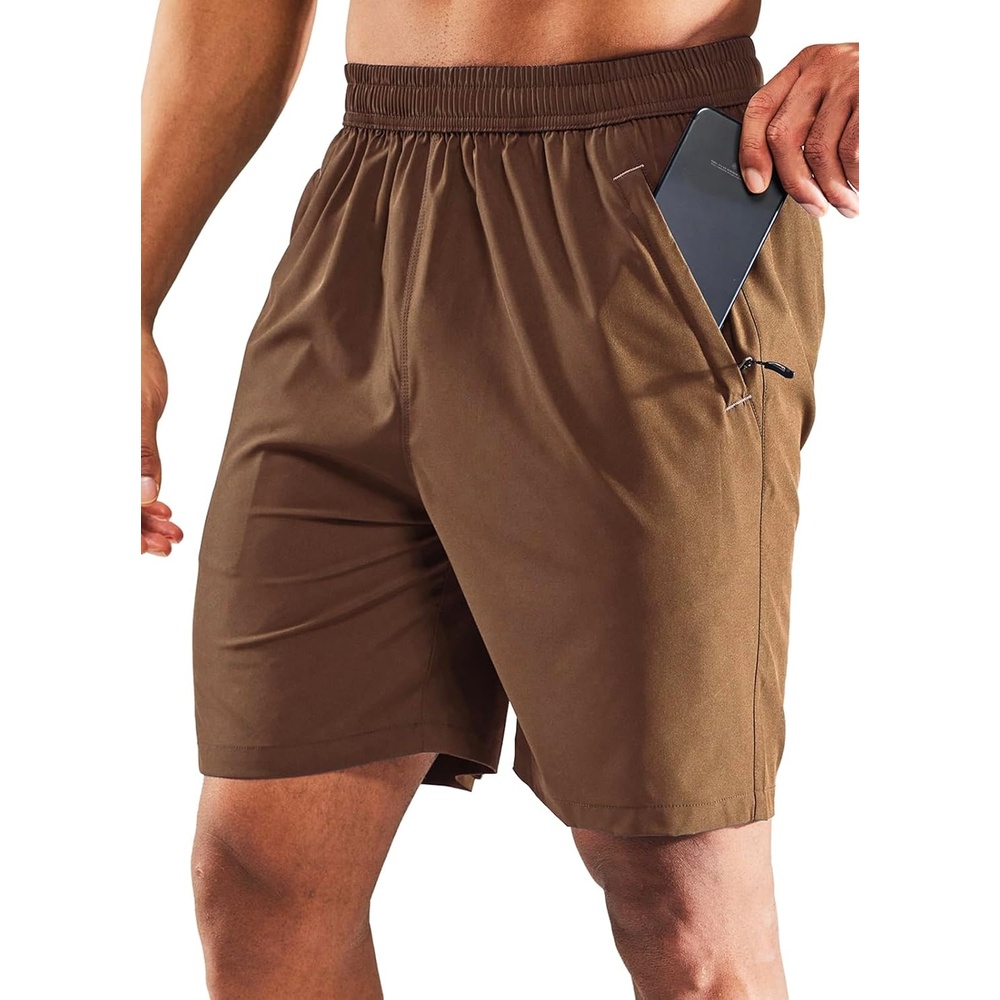 image:imageMIER Mens Quick Dry Running Shorts with Zipper Pocket Elastic Waist Athletic Workout Exercise ShortsBrown