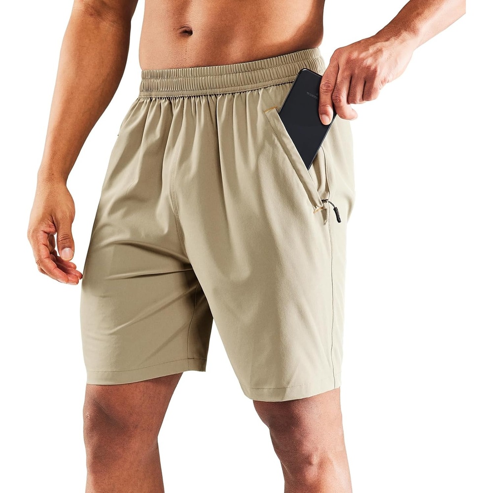 image:imageMIER Mens Quick Dry Running Shorts with Zipper Pocket Elastic Waist Athletic Workout Exercise ShortsLight Khaki