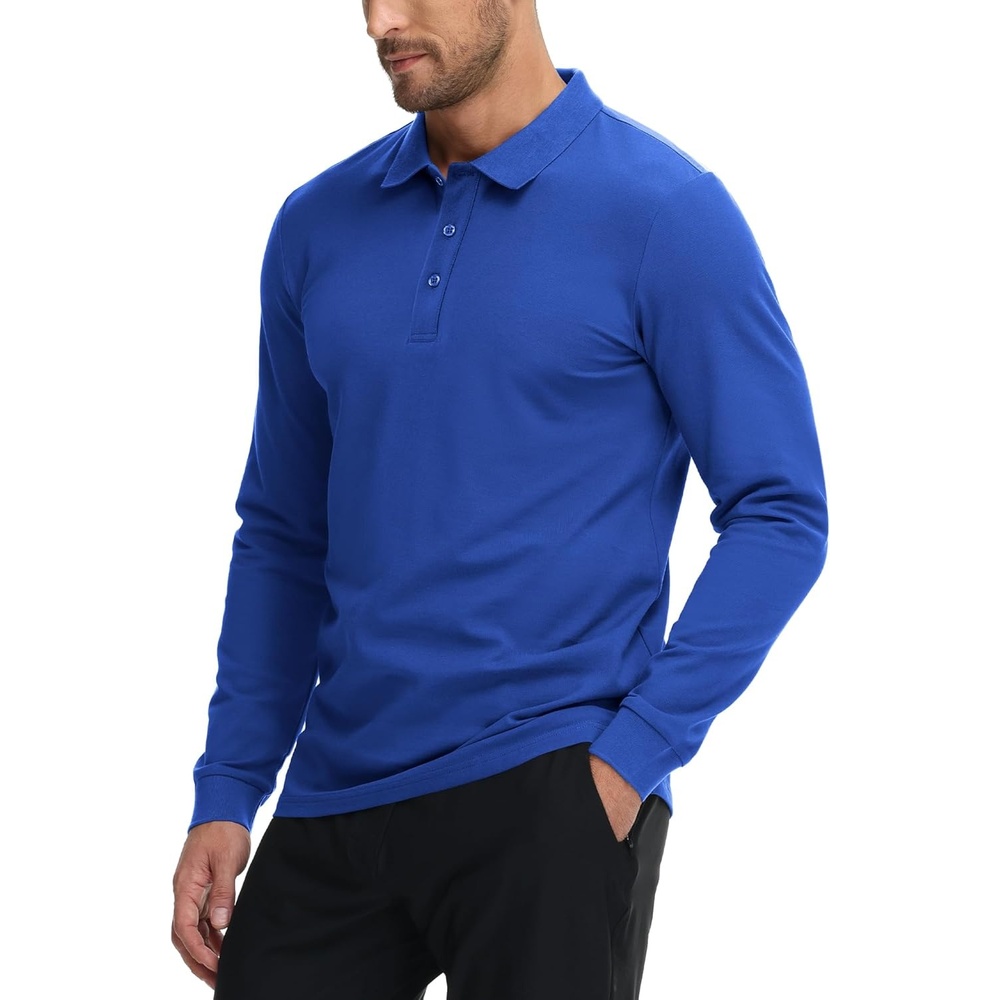 image:imageMIER Polo Shirts for Men Cotton Long Sleeve Golf Tennis Collared Shirt for Casual Work Travel 3 Buttons Ultra SoftBlue