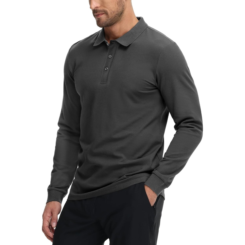 image:imageMIER Polo Shirts for Men Cotton Long Sleeve Golf Tennis Collared Shirt for Casual Work Travel 3 Buttons Ultra SoftGrey