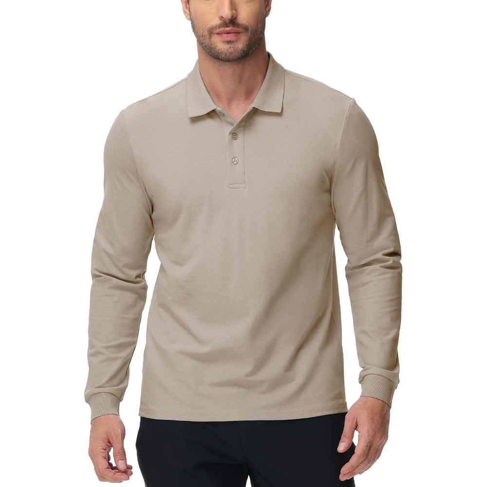 image:imageMIER Polo Shirts for Men Cotton Long Sleeve Golf Tennis Collared Shirt for Casual Work Travel 3 Buttons Ultra SoftKhaki