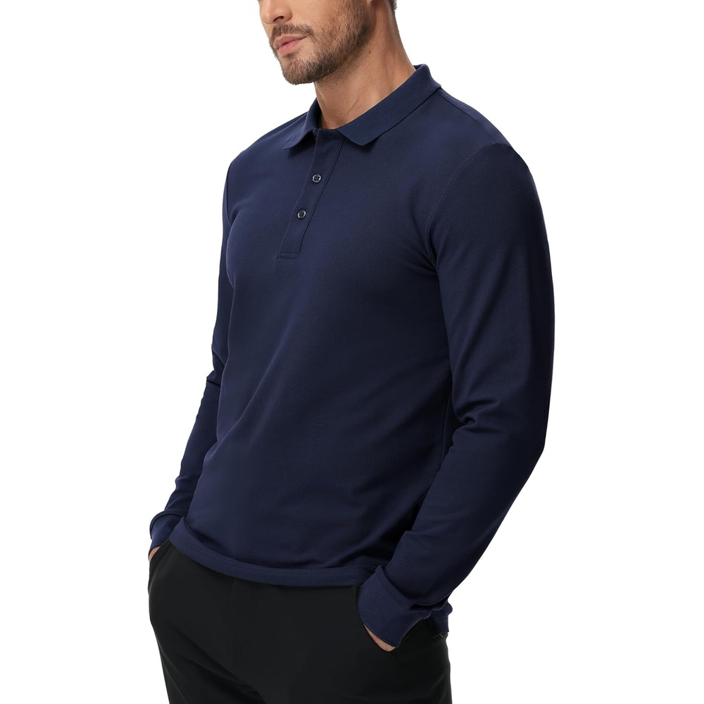 image:imageMIER Polo Shirts for Men Cotton Long Sleeve Golf Tennis Collared Shirt for Casual Work Travel 3 Buttons Ultra SoftNavy