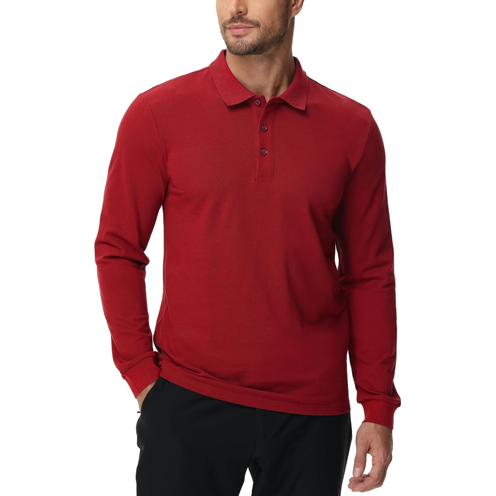 image:imageMIER Polo Shirts for Men Cotton Long Sleeve Golf Tennis Collared Shirt for Casual Work Travel 3 Buttons Ultra SoftRed