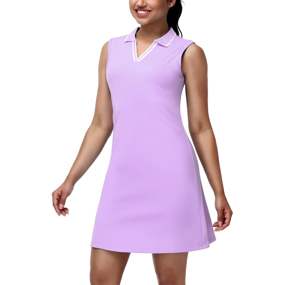image:imageMIER Sleeveless Golf Dress for Women V Neck Ribbed Stretch Polo Dresses with Zipper Pocket for Tennis Active amp Casual WearLavender