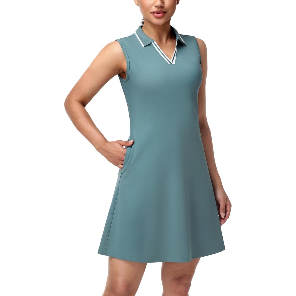 image:imageMIER Sleeveless Golf Dress for Women V Neck Ribbed Stretch Polo Dresses with Zipper Pocket for Tennis Active amp Casual WearTeal Green
