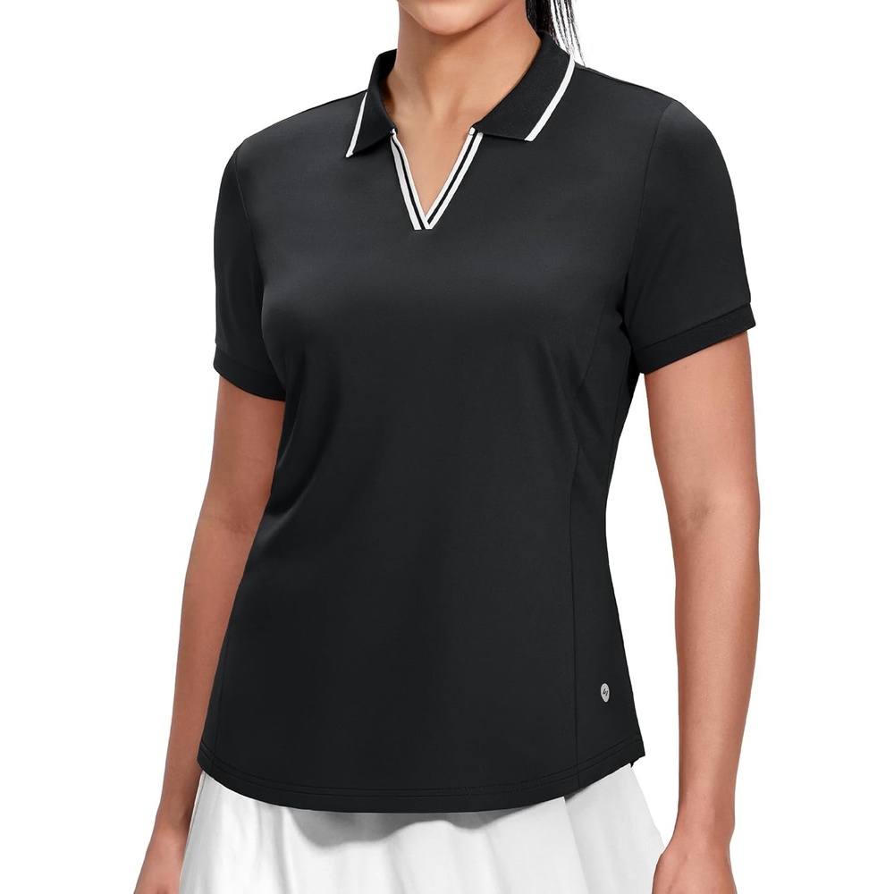 image:imageMIER VNeck Polo Shirts for Women Short Sleeve UPF 50 Sun Protection Golf Tennis Active Stretch Collared Shirt Tops Dry FitBlackWhite