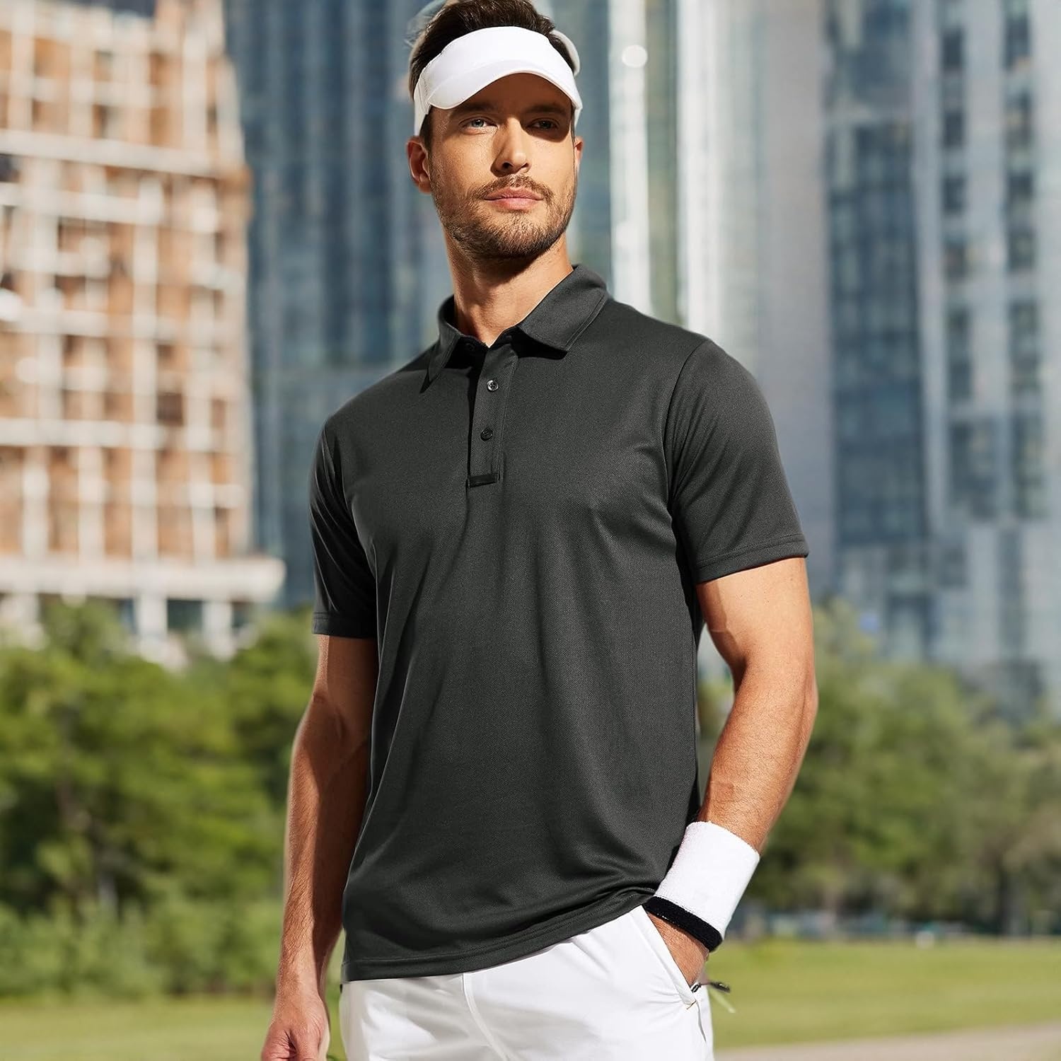 image:imageMIER Mens Quick Dry Polo Shirts Polyester Casual Collared Tennis Shirts MoistureWicking Short SleeveDark Grey