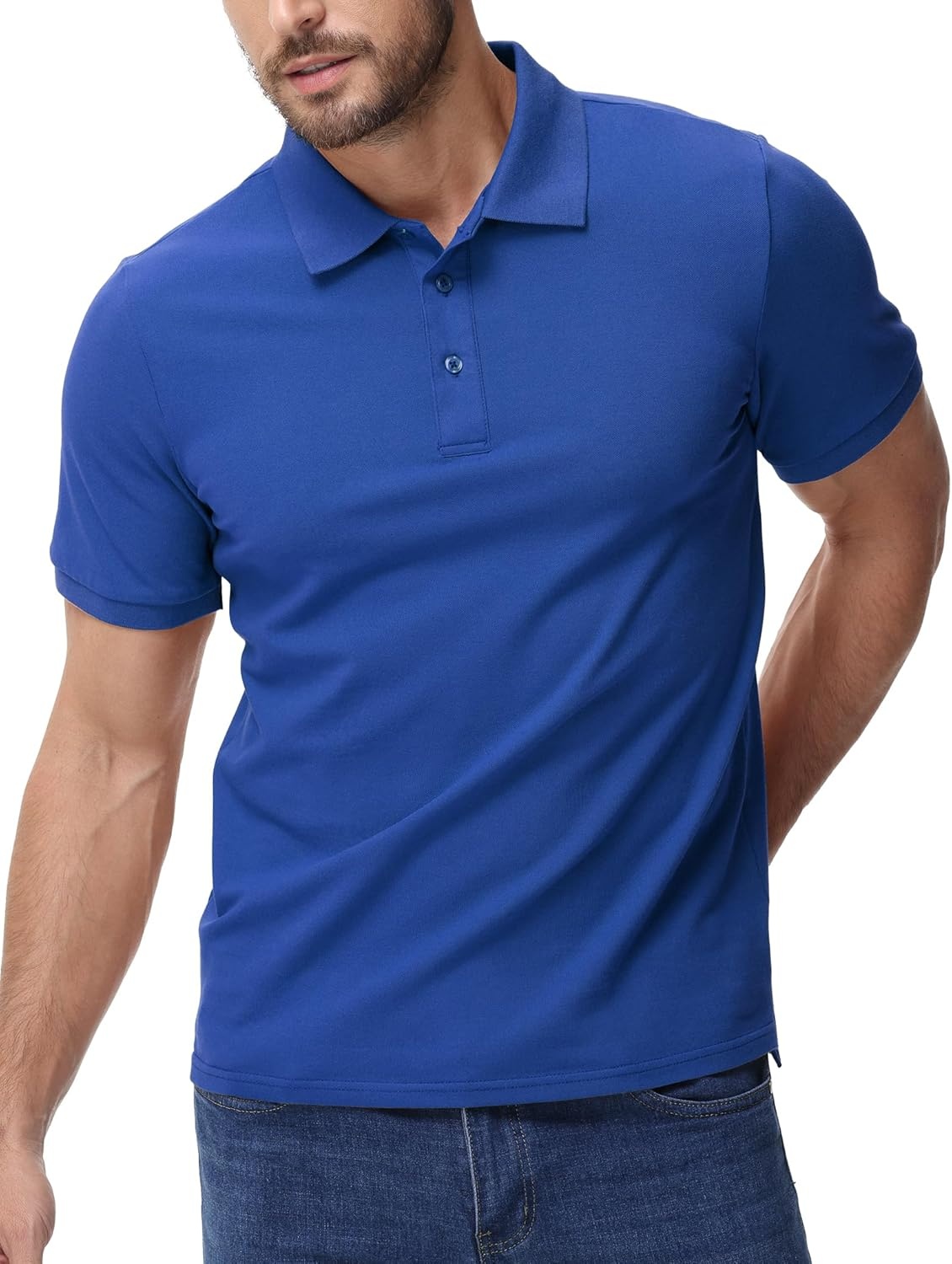 image:imageMIER Polo Shirts for Men Cotton Short Sleeve Golf Tennis Collared Shirt for Casual Work Travel 3 Buttons Ultra SoftBlue