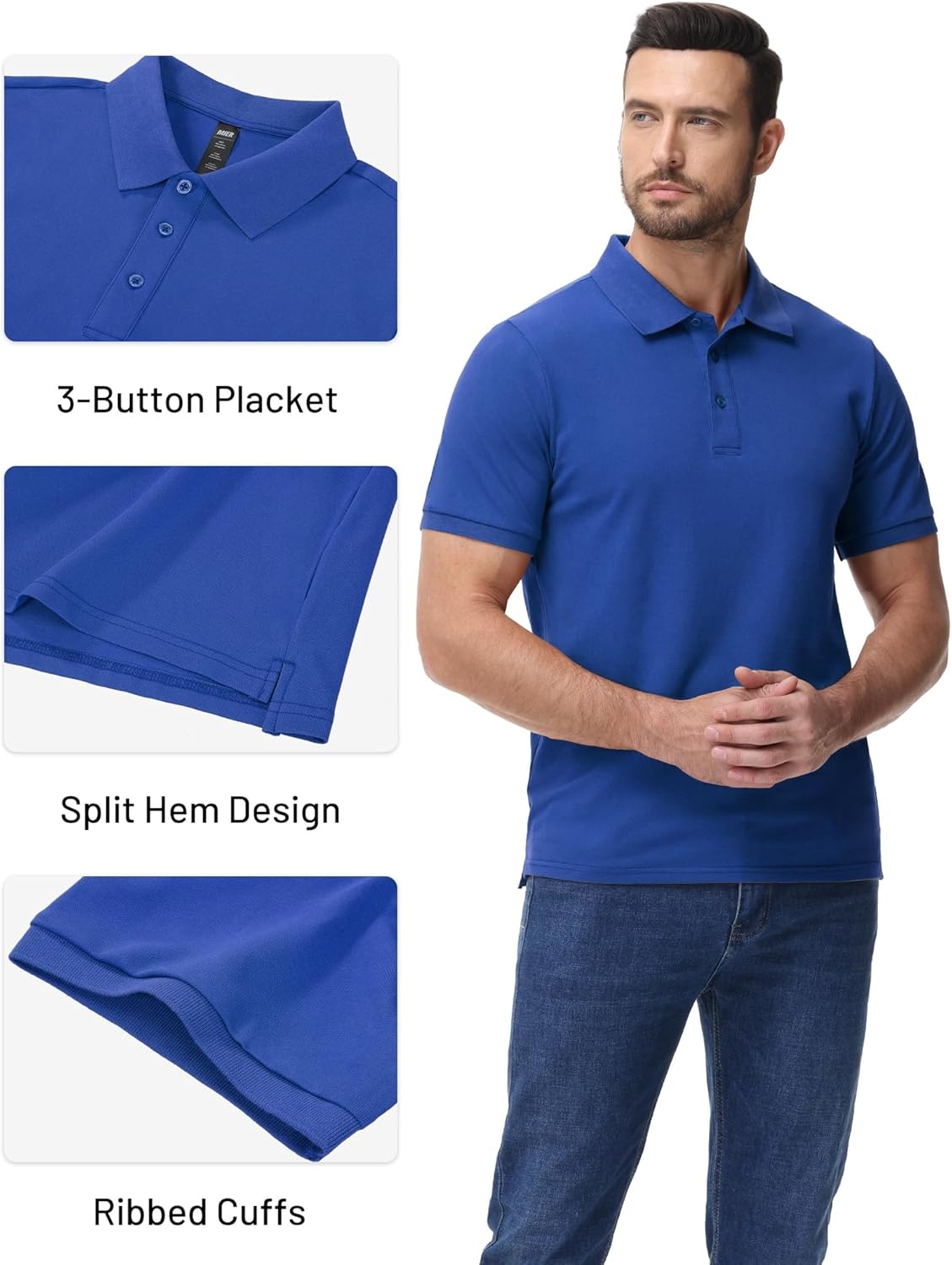 image:imageMIER Polo Shirts for Men Cotton Short Sleeve Golf Tennis Collared Shirt for Casual Work Travel 3 Buttons Ultra SoftBlue