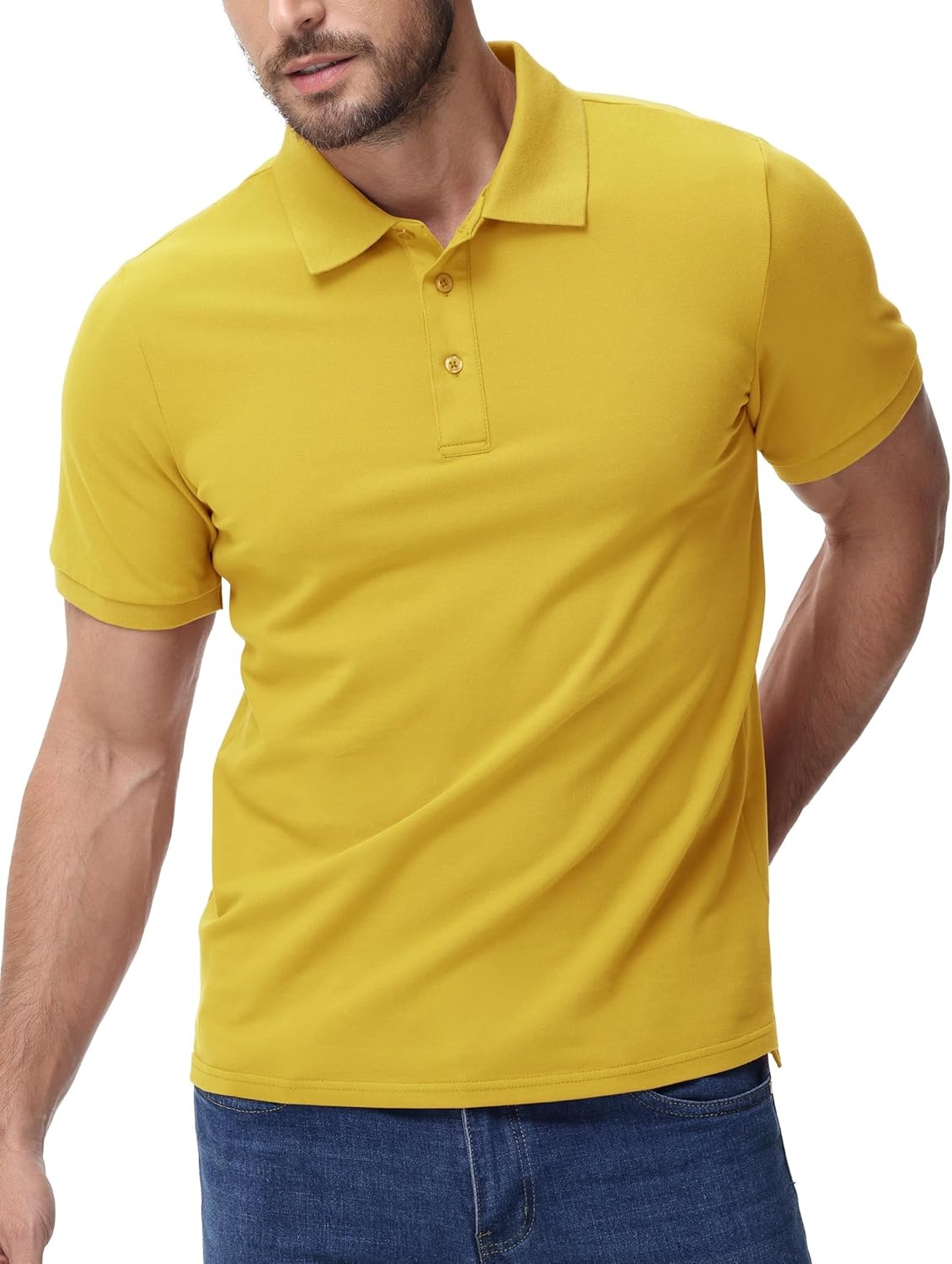 image:imageMIER Polo Shirts for Men Cotton Short Sleeve Golf Tennis Collared Shirt for Casual Work Travel 3 Buttons Ultra SoftGold