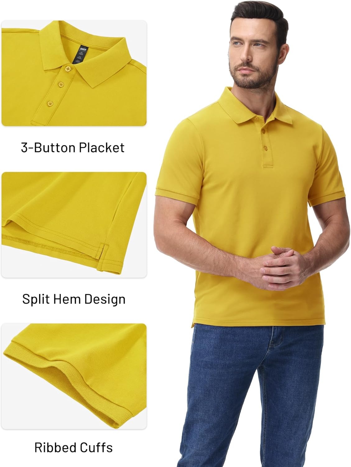 image:imageMIER Polo Shirts for Men Cotton Short Sleeve Golf Tennis Collared Shirt for Casual Work Travel 3 Buttons Ultra SoftGold