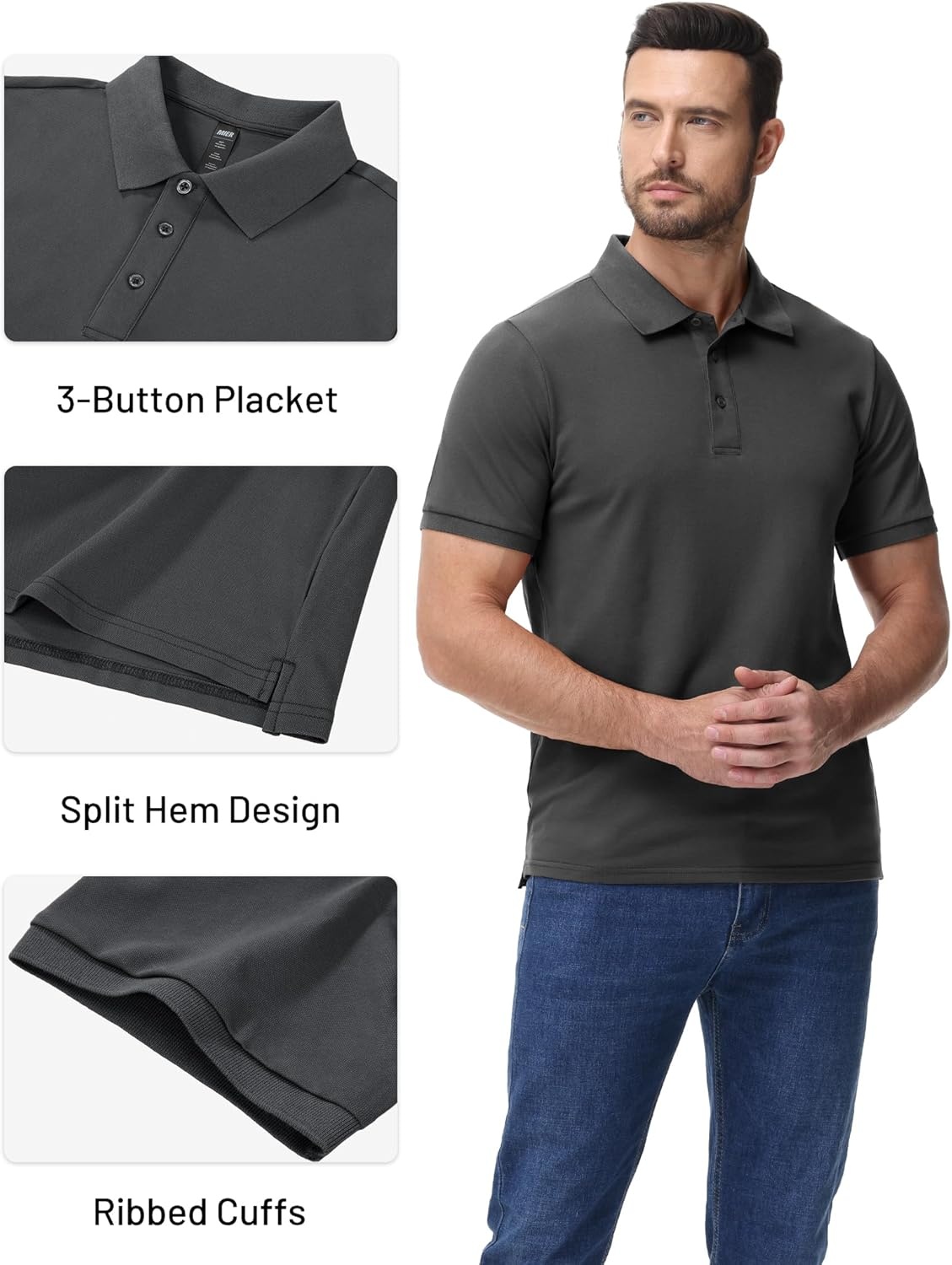 image:imageMIER Polo Shirts for Men Cotton Short Sleeve Golf Tennis Collared Shirt for Casual Work Travel 3 Buttons Ultra SoftGrey