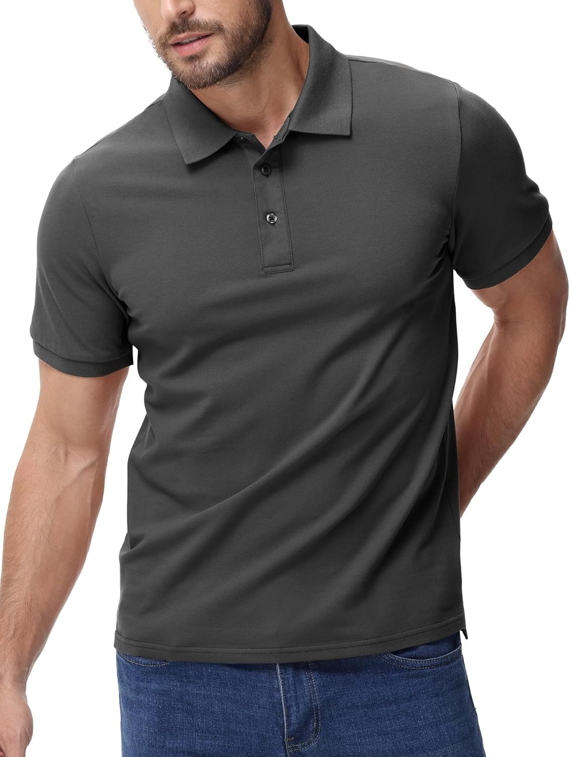 image:imageMIER Polo Shirts for Men Cotton Short Sleeve Golf Tennis Collared Shirt for Casual Work Travel 3 Buttons Ultra SoftGrey