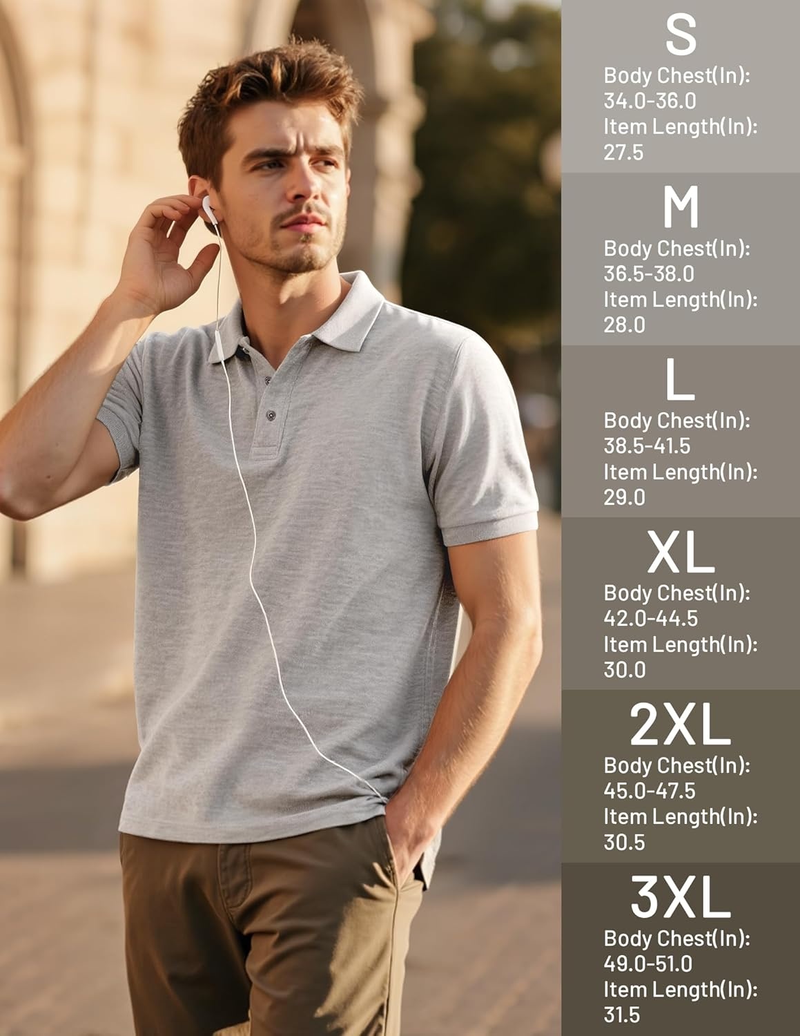 image:imageMIER Polo Shirts for Men Cotton Short Sleeve Golf Tennis Collared Shirt for Casual Work Travel 3 Buttons Ultra SoftHeather Light Grey