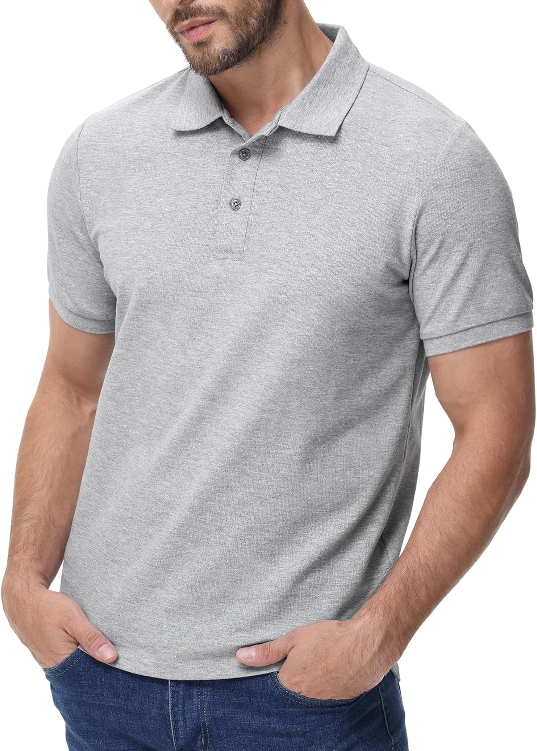 image:imageMIER Polo Shirts for Men Cotton Short Sleeve Golf Tennis Collared Shirt for Casual Work Travel 3 Buttons Ultra SoftHeather Light Grey