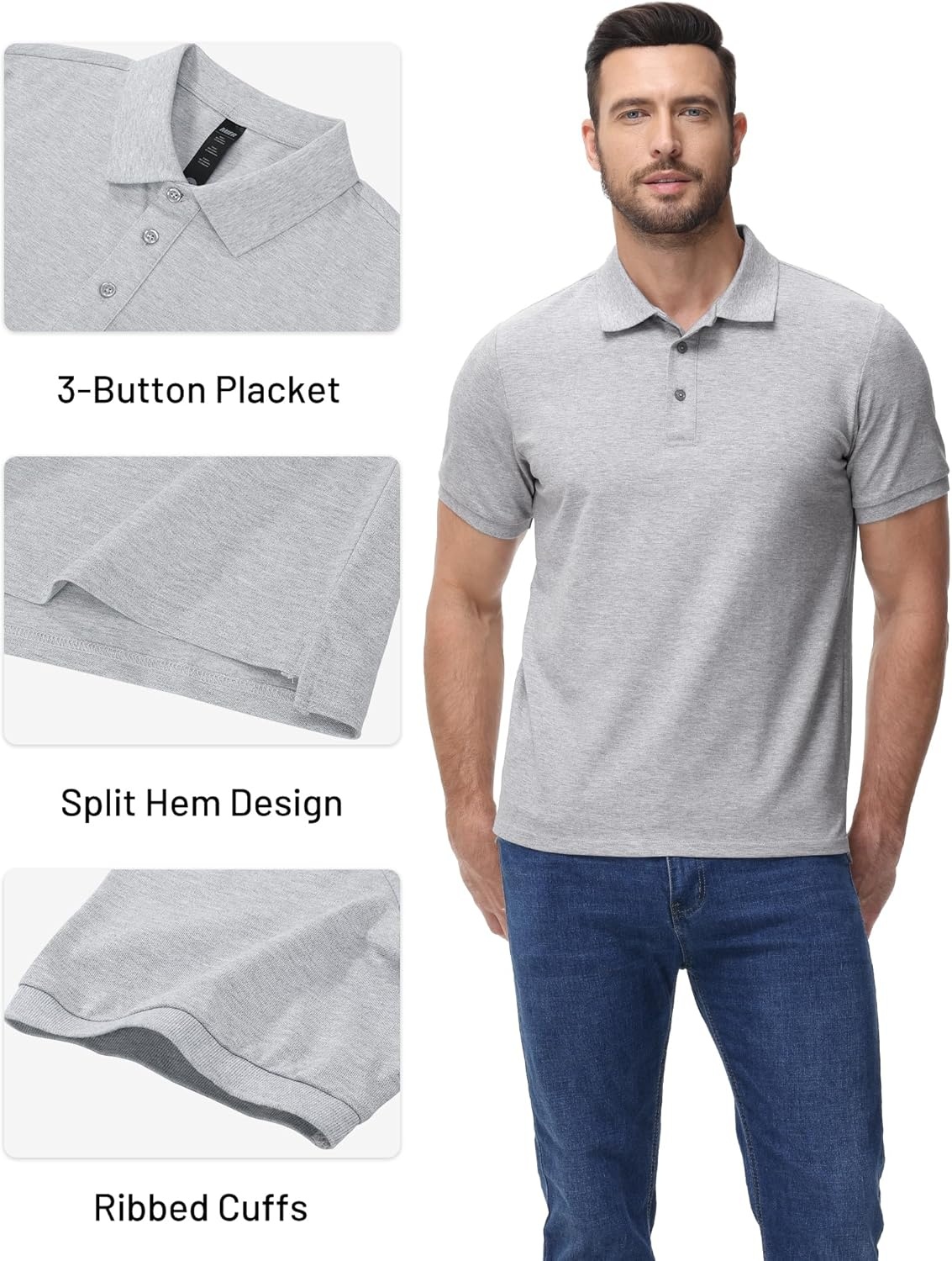 image:imageMIER Polo Shirts for Men Cotton Short Sleeve Golf Tennis Collared Shirt for Casual Work Travel 3 Buttons Ultra SoftHeather Light Grey