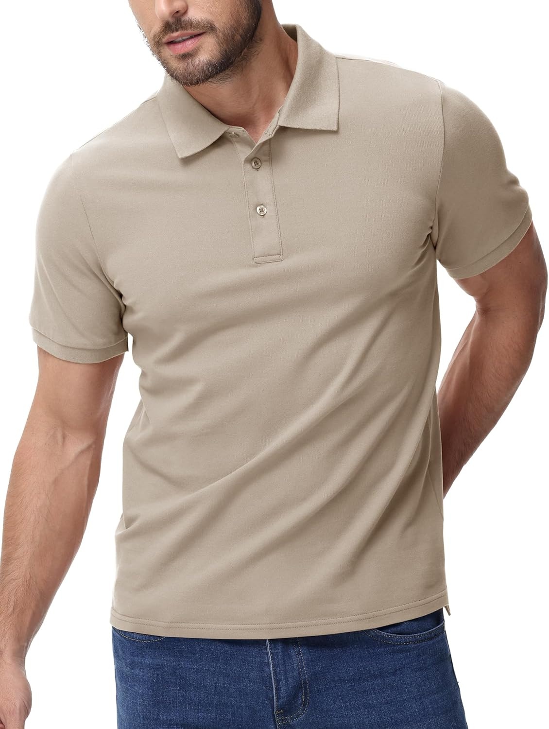 image:imageMIER Polo Shirts for Men Cotton Short Sleeve Golf Tennis Collared Shirt for Casual Work Travel 3 Buttons Ultra SoftKhaki