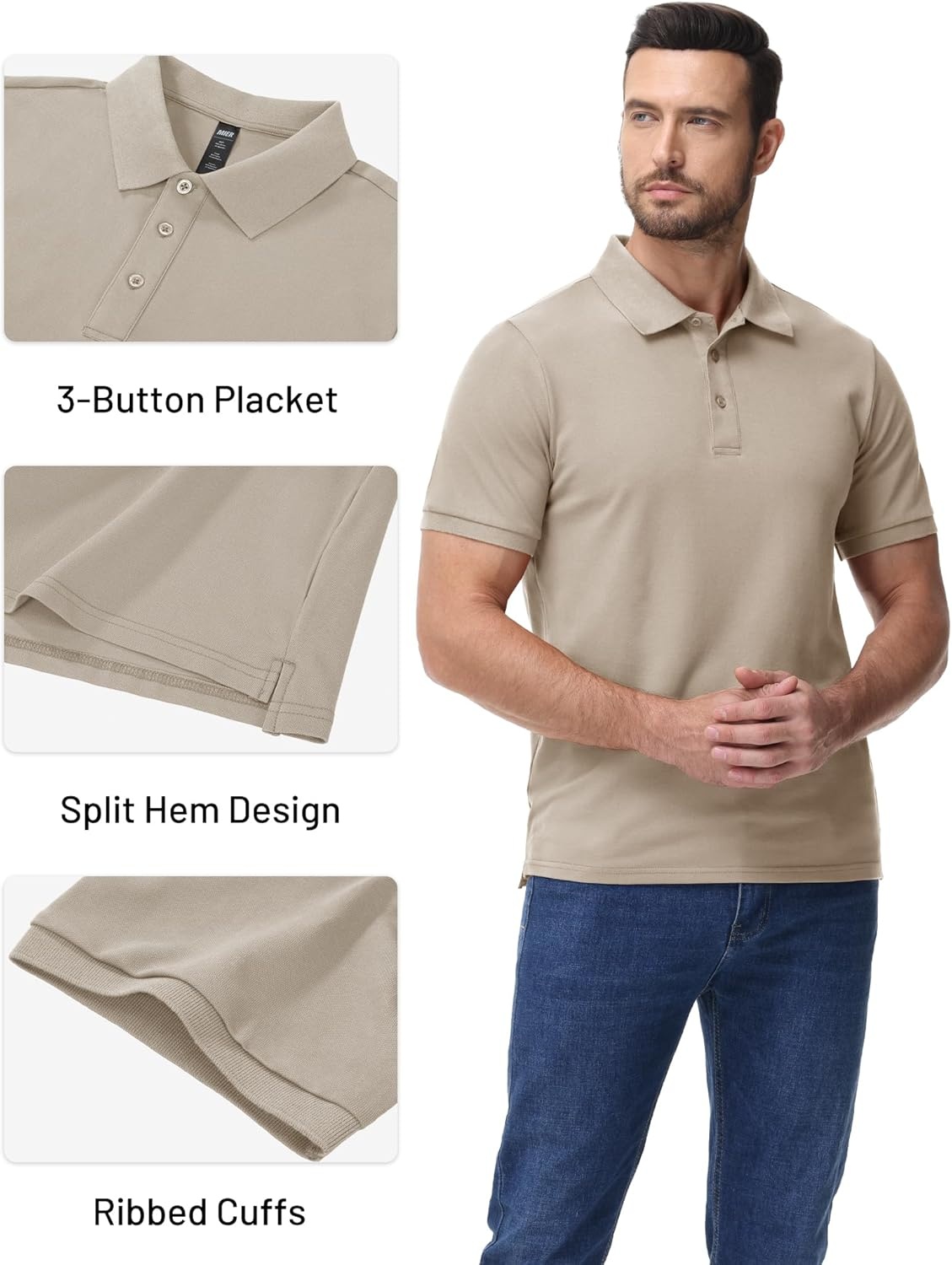 image:imageMIER Polo Shirts for Men Cotton Short Sleeve Golf Tennis Collared Shirt for Casual Work Travel 3 Buttons Ultra SoftKhaki