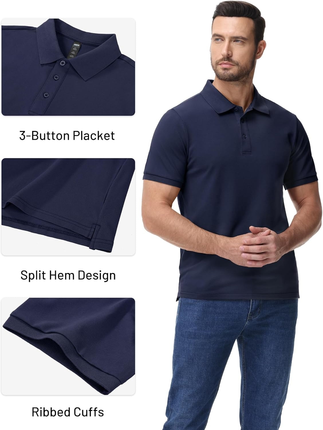image:imageMIER Polo Shirts for Men Cotton Short Sleeve Golf Tennis Collared Shirt for Casual Work Travel 3 Buttons Ultra SoftNavy