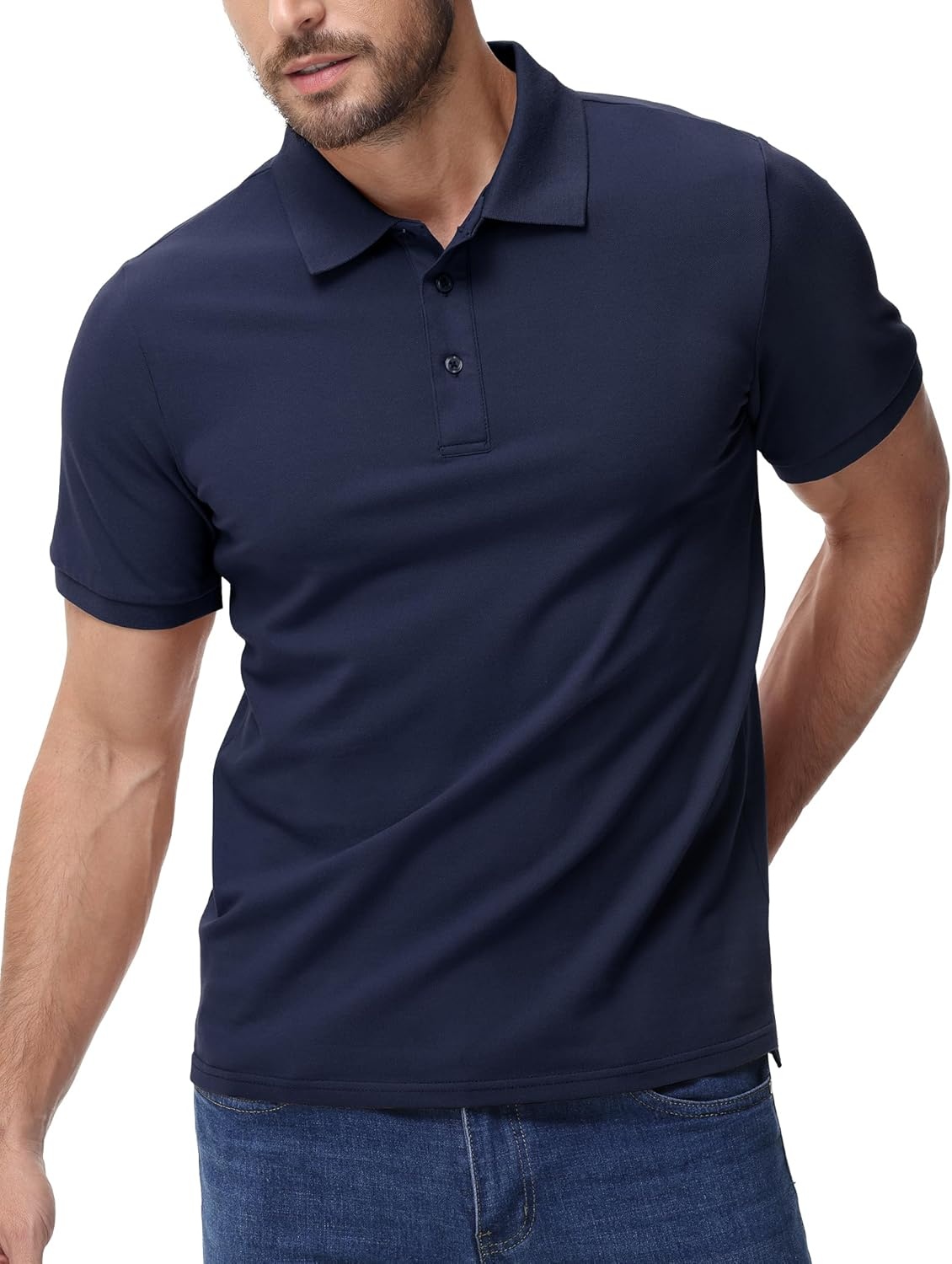image:imageMIER Polo Shirts for Men Cotton Short Sleeve Golf Tennis Collared Shirt for Casual Work Travel 3 Buttons Ultra SoftNavy