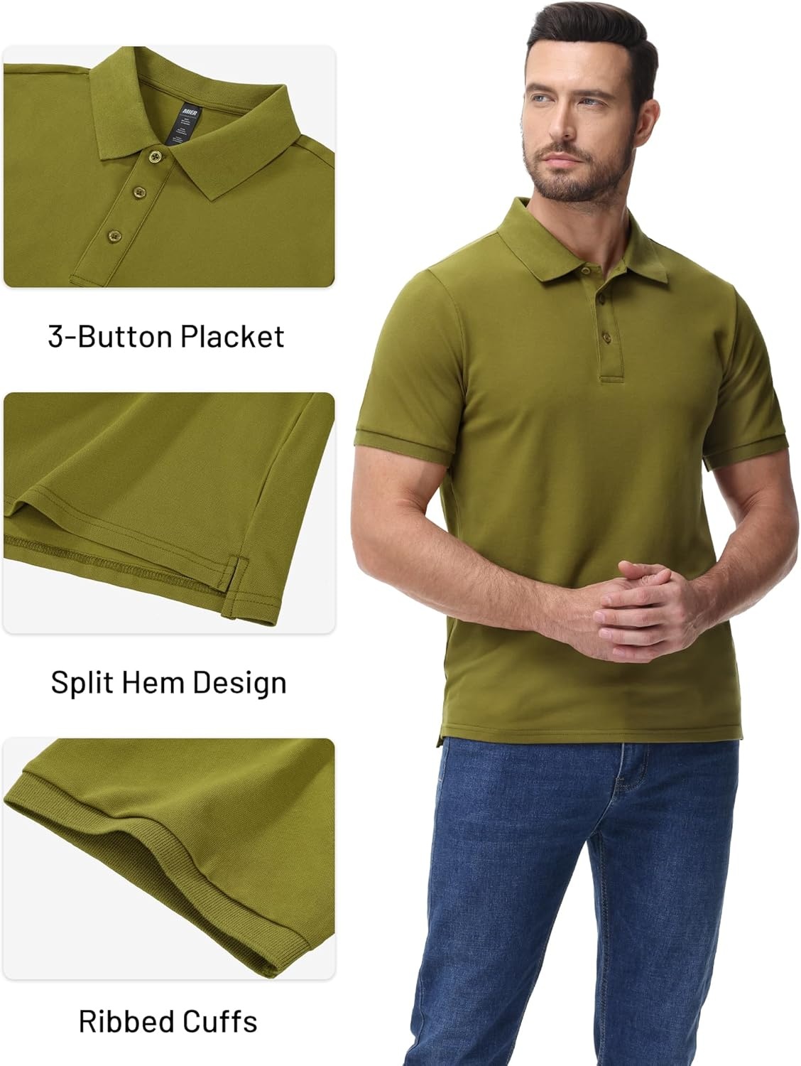 image:imageMIER Polo Shirts for Men Cotton Short Sleeve Golf Tennis Collared Shirt for Casual Work Travel 3 Buttons Ultra SoftOlive Green