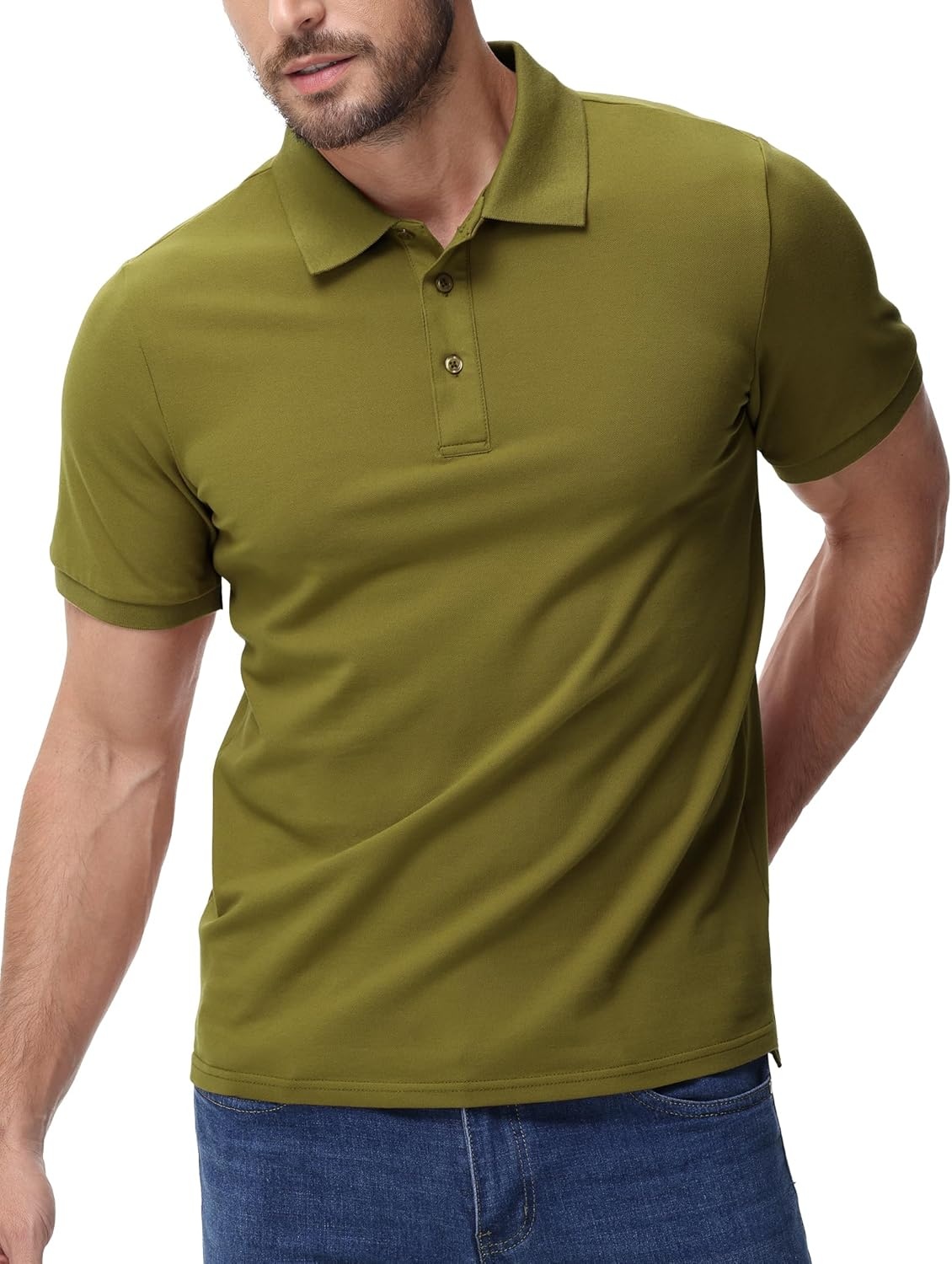 image:imageMIER Polo Shirts for Men Cotton Short Sleeve Golf Tennis Collared Shirt for Casual Work Travel 3 Buttons Ultra SoftOlive Green