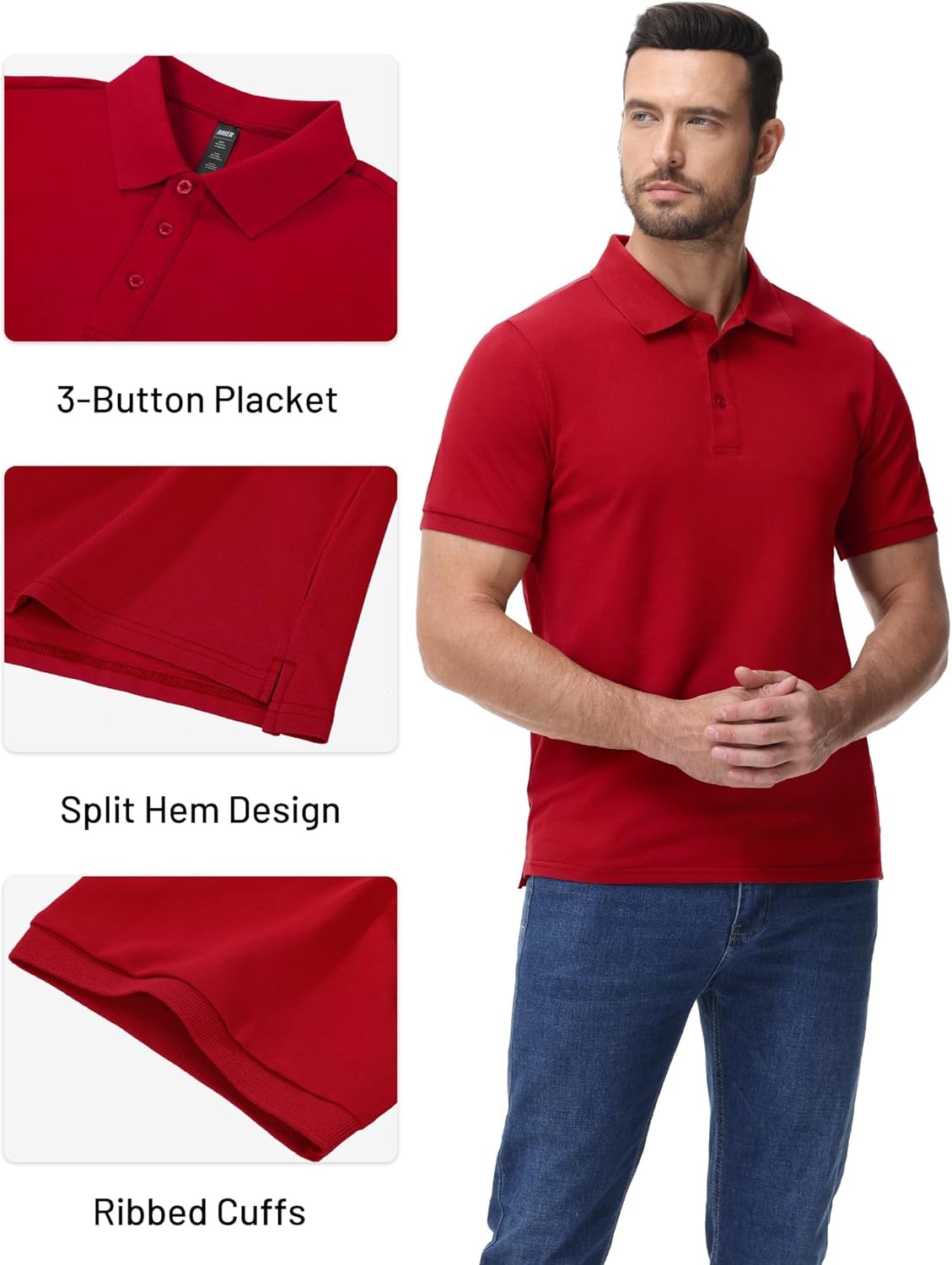 image:imageMIER Polo Shirts for Men Cotton Short Sleeve Golf Tennis Collared Shirt for Casual Work Travel 3 Buttons Ultra SoftRed