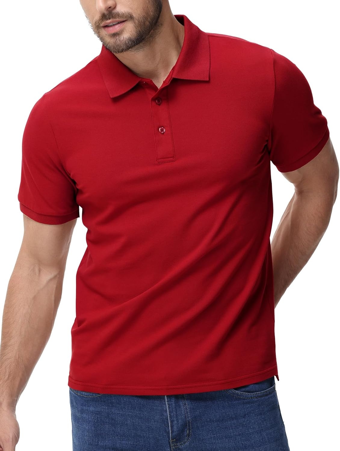 image:imageMIER Polo Shirts for Men Cotton Short Sleeve Golf Tennis Collared Shirt for Casual Work Travel 3 Buttons Ultra SoftRed
